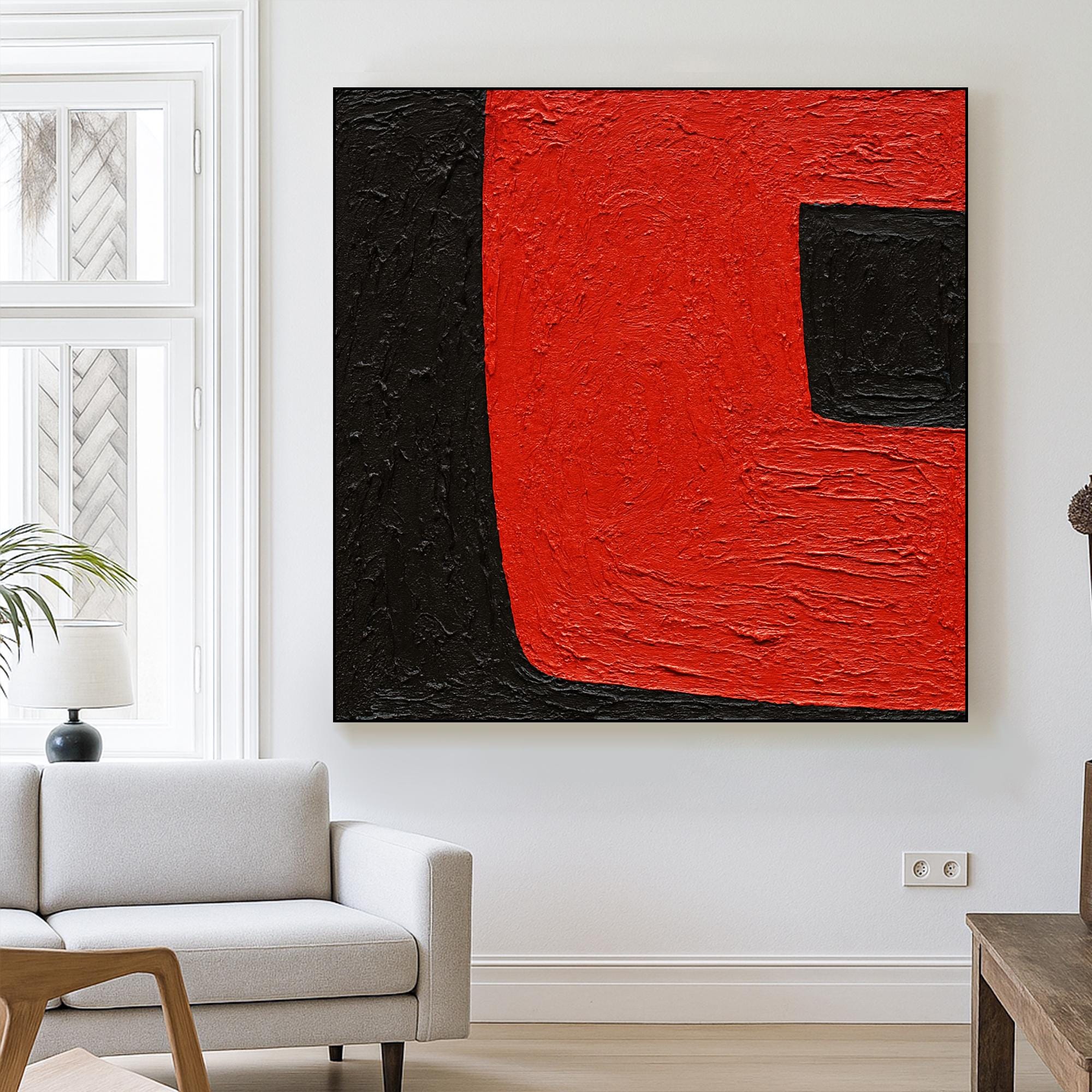 Red and Black Abstract Painting on Canvas, Bold Geometric Minimalist Oil Artwork, Hand Painted Color Block Wall Art for Modern Interiors