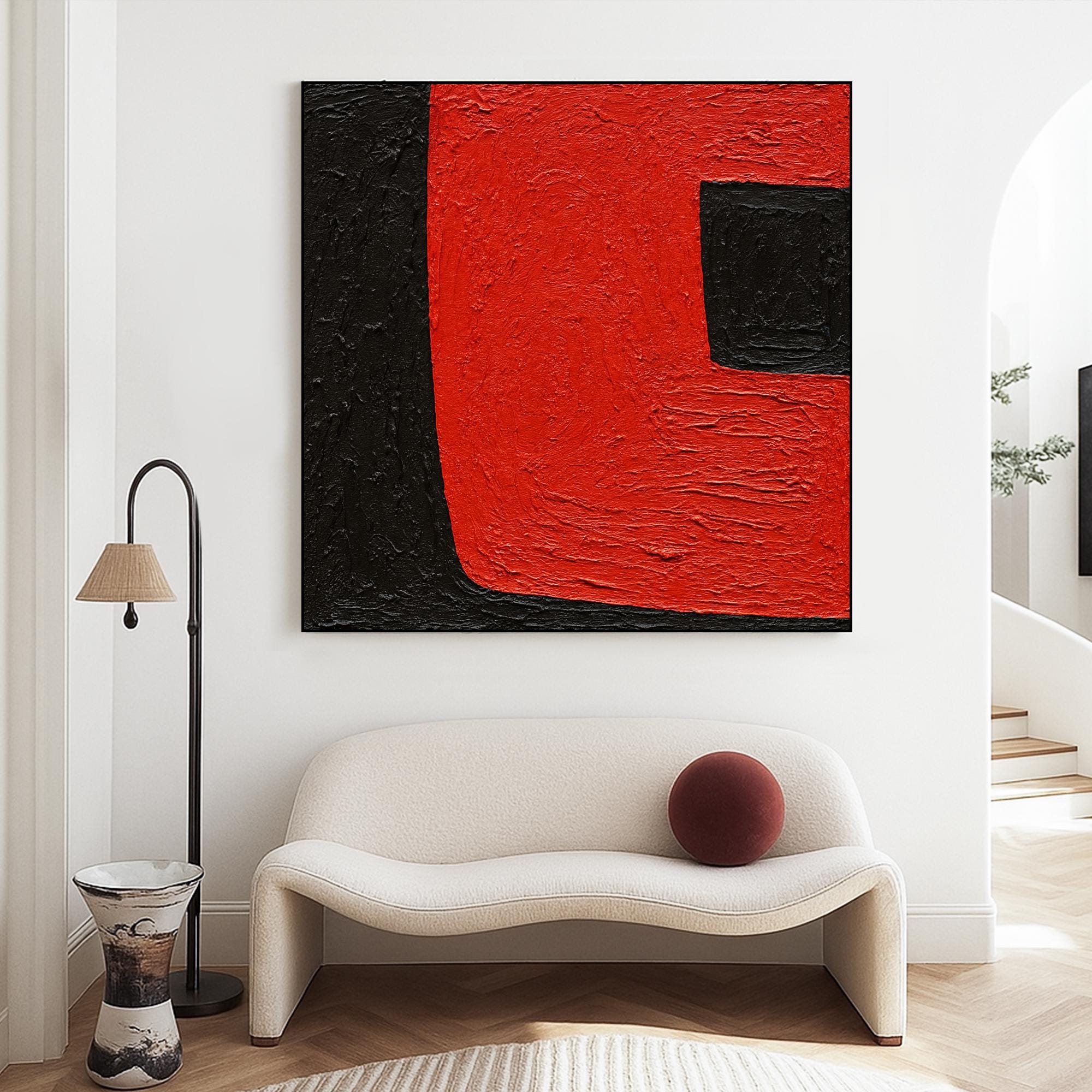 Red and Black Abstract Painting on Canvas, Bold Geometric Minimalist Oil Artwork, Hand Painted Color Block Wall Art for Modern Interiors