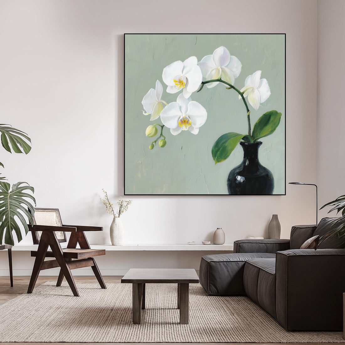A painting of a white orchid flower in bloom, with a black vase holding the flower and green leaves, set against a light green background.