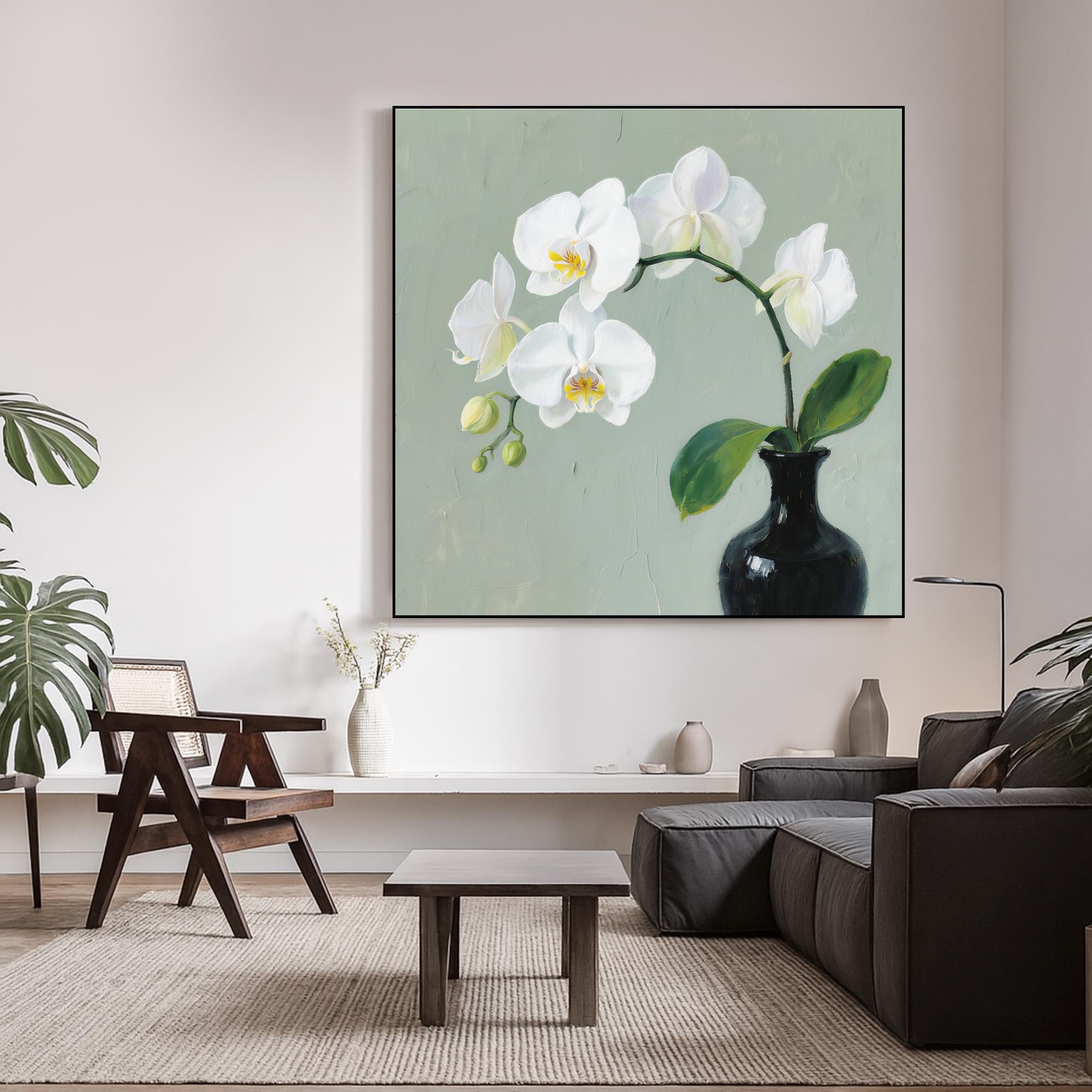 White Orchid Flower Oil Painting on Canvas, Elegant Botanical Still Life Wall Art, Hand Painted Floral Artwork for Calm Living Room Decor