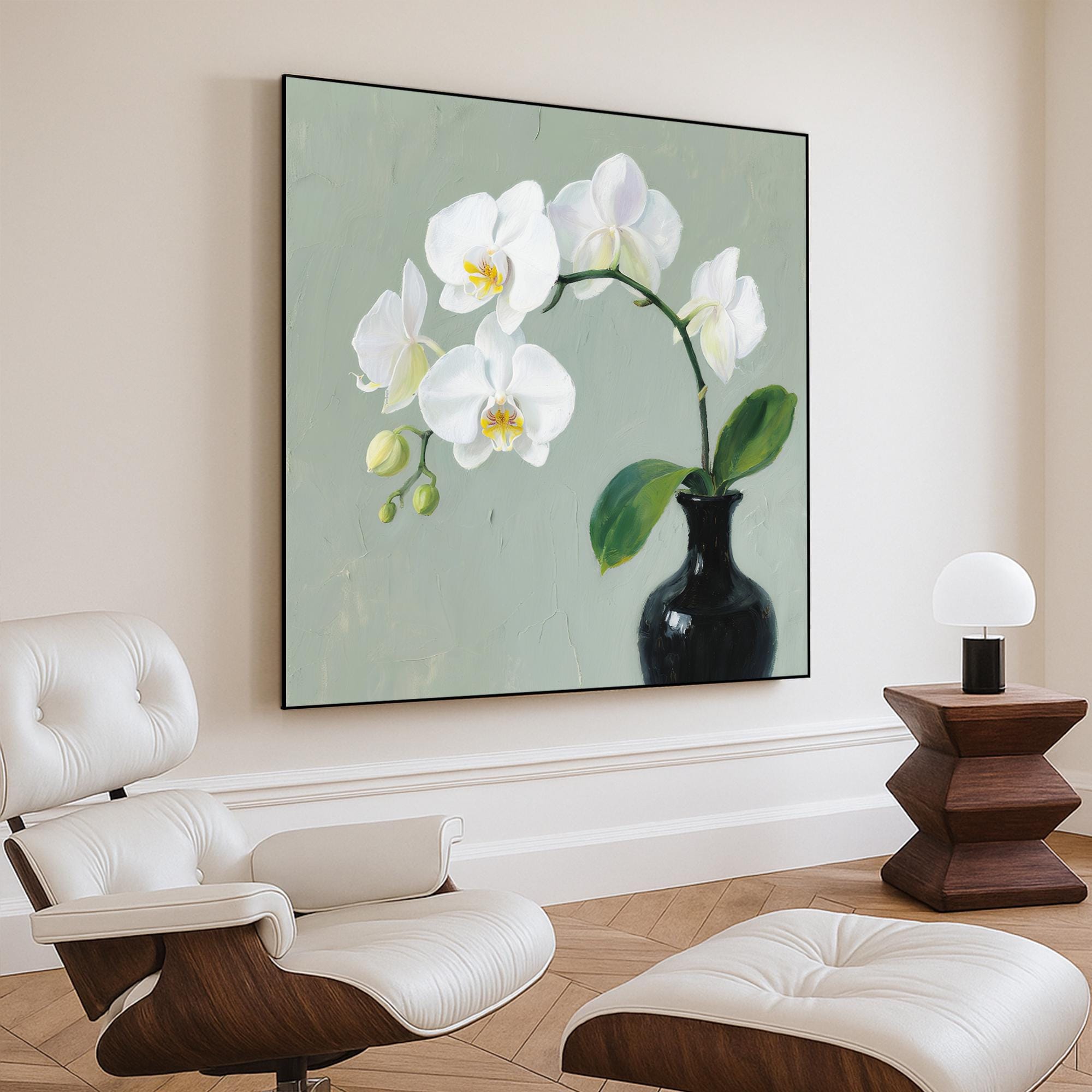 White Orchid Flower Oil Painting on Canvas, Elegant Botanical Still Life Wall Art, Hand Painted Floral Artwork for Calm Living Room Decor