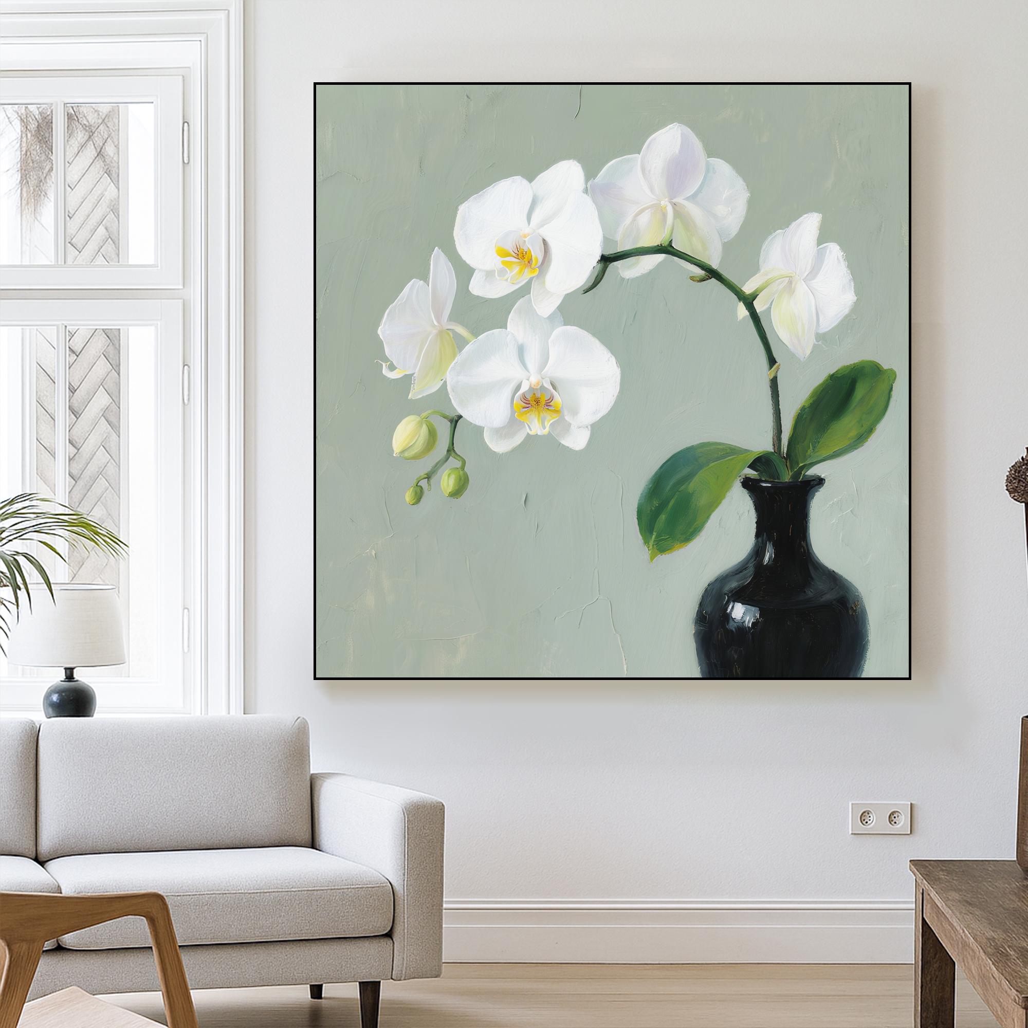 White Orchid Flower Oil Painting on Canvas, Elegant Botanical Still Life Wall Art, Hand Painted Floral Artwork for Calm Living Room Decor