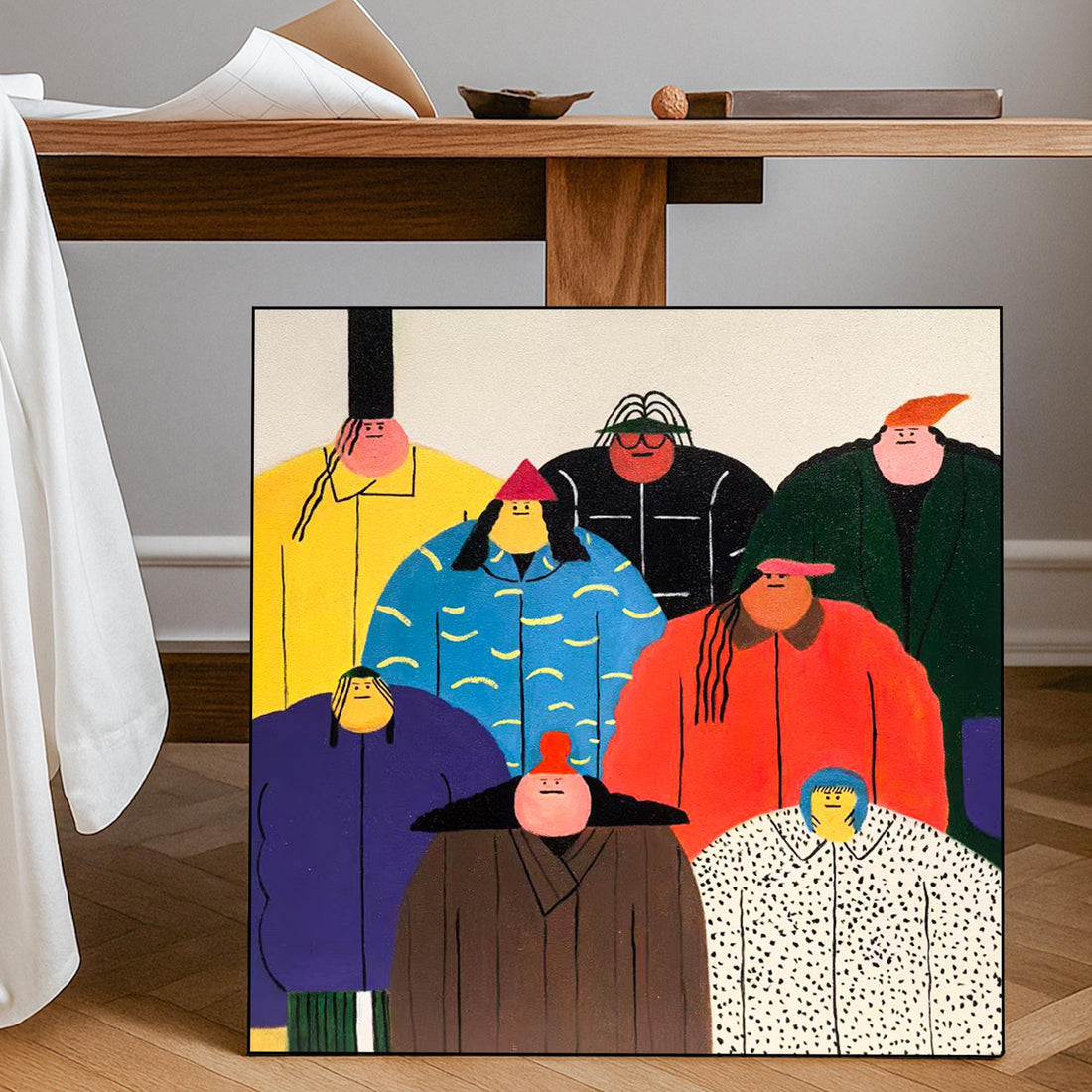 The image is a vibrant and colorful illustration featuring a diverse group of stylized human figures in various outfits and poses.