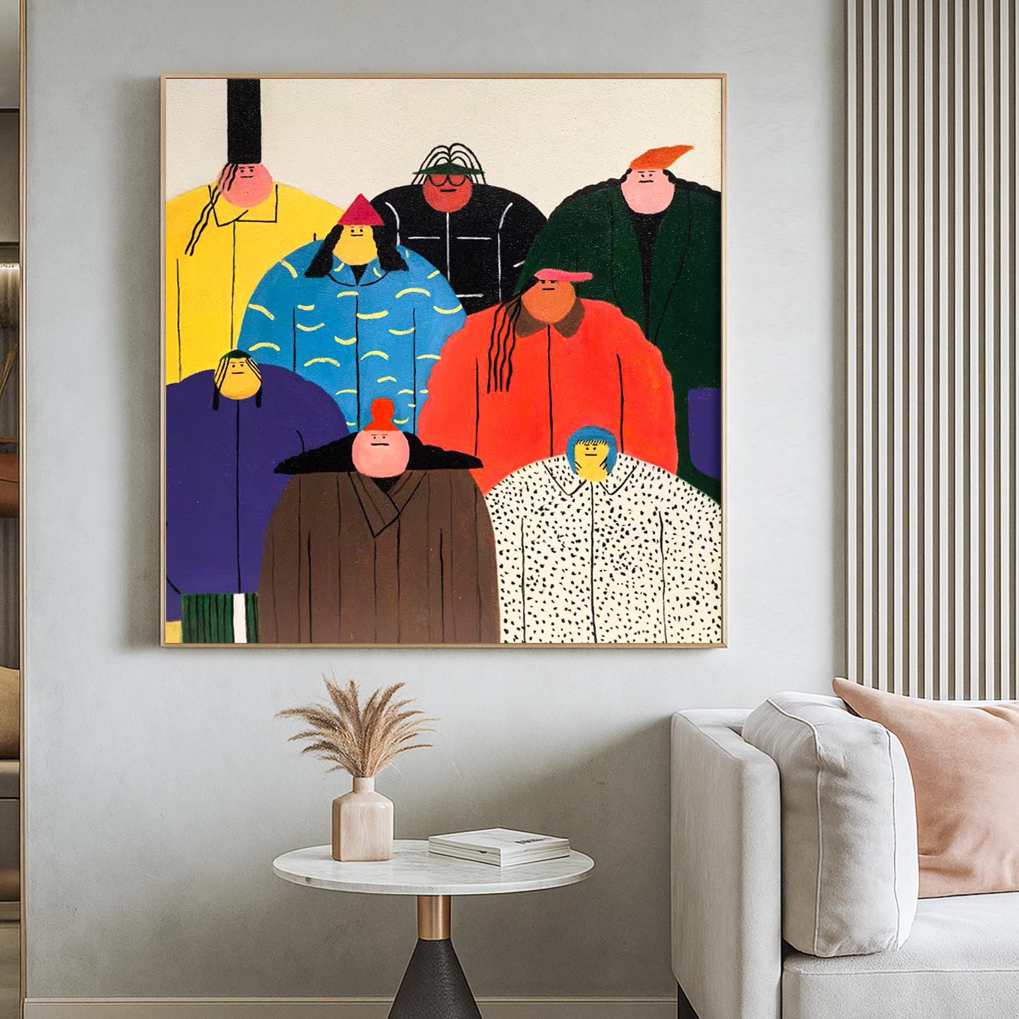Abstract People Painting on Canvas, Hand Painted Whimsical Group Portrait Wall Art, Bold Cartoon Character Artwork for Modern Home Decor