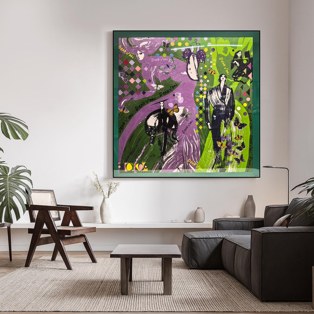 The image is a vibrant and colorful abstract artwork featuring various elements such as butterflies, flowers, and figures in a stylized and expressive manner.