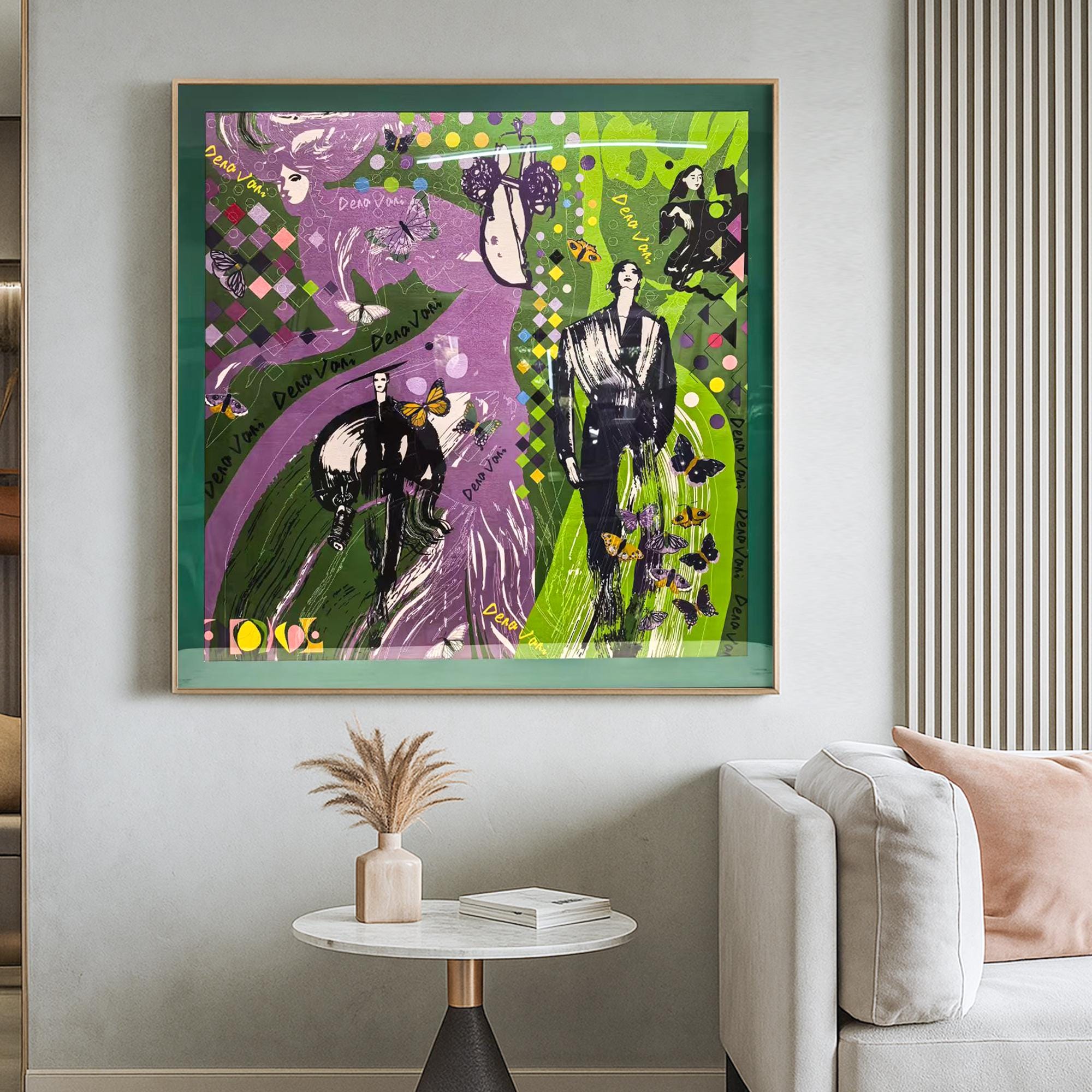 Collage Style Painting on Canvas, Hand Painted Pop Art with Butterflies and Figures,Green and Purple Mixed Media Wall Art for Trendy Decor