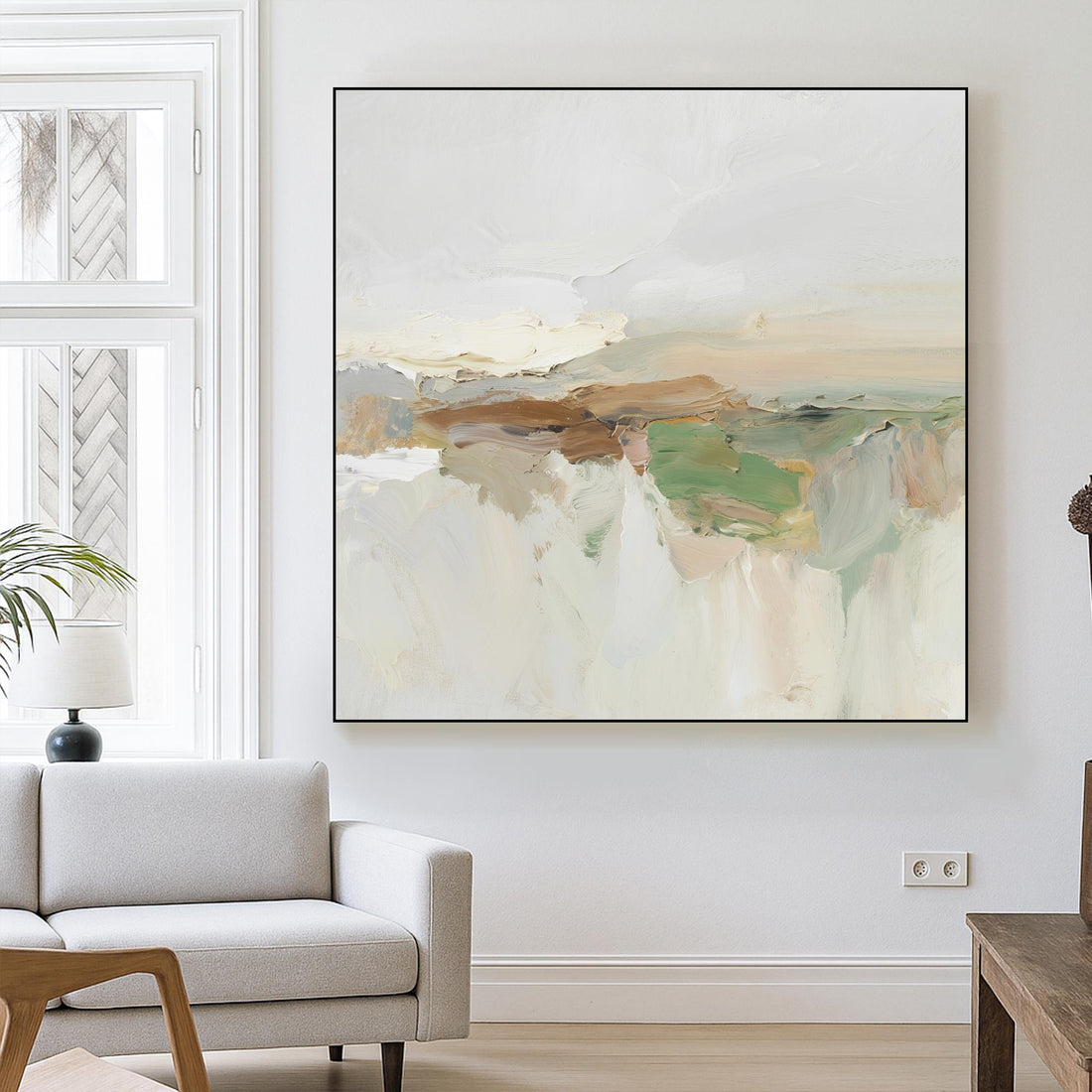 The image is an abstract painting with a predominantly light blue and white color palette. The painting features various brushstrokes and textures, creating a sense of depth and movement across the canvas.
