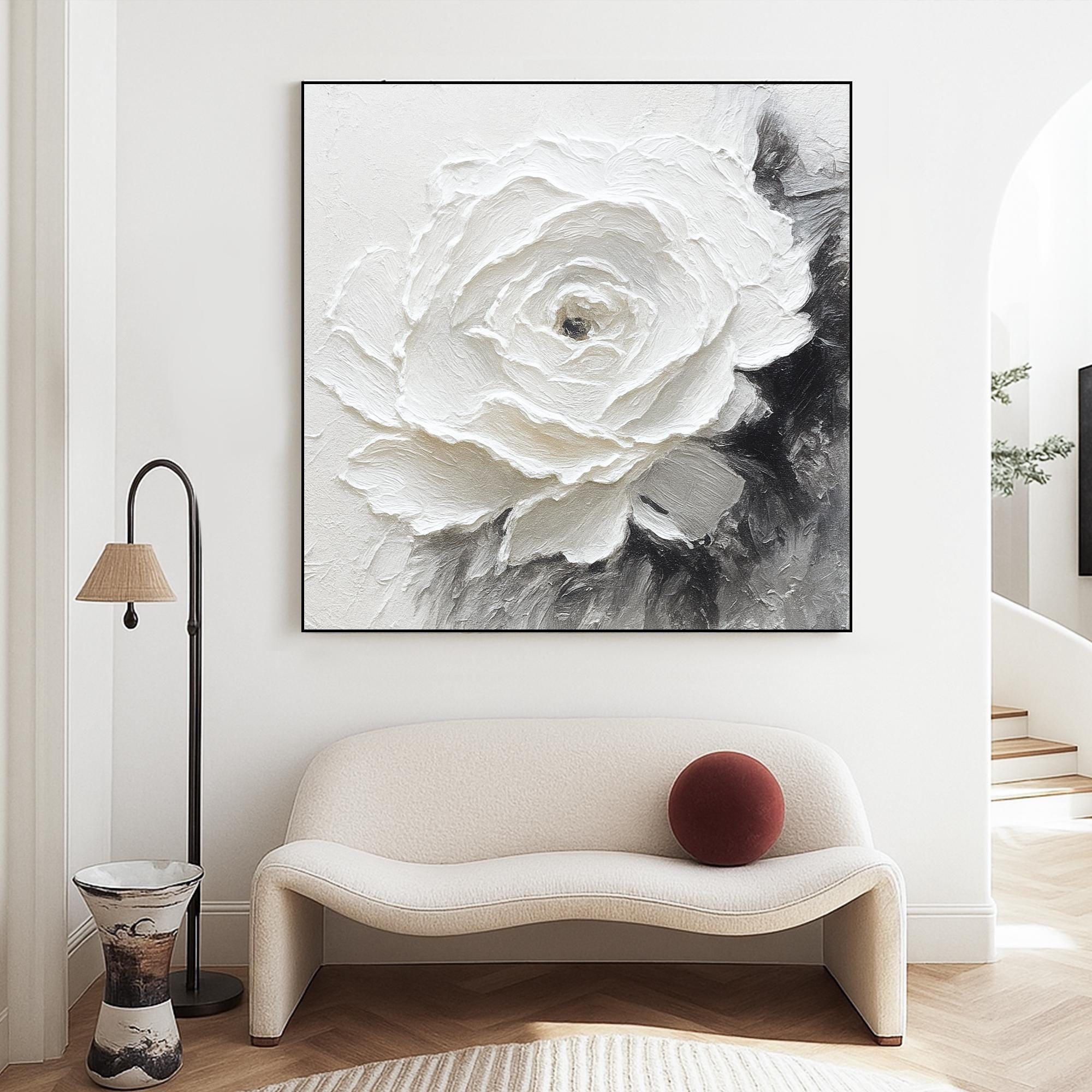 White Rose Painting on Canvas, Black and White  Wall Art, Minimalist Thick Oil Flower Artwork, Elegant Neutral Decor for Bedroom or Gift