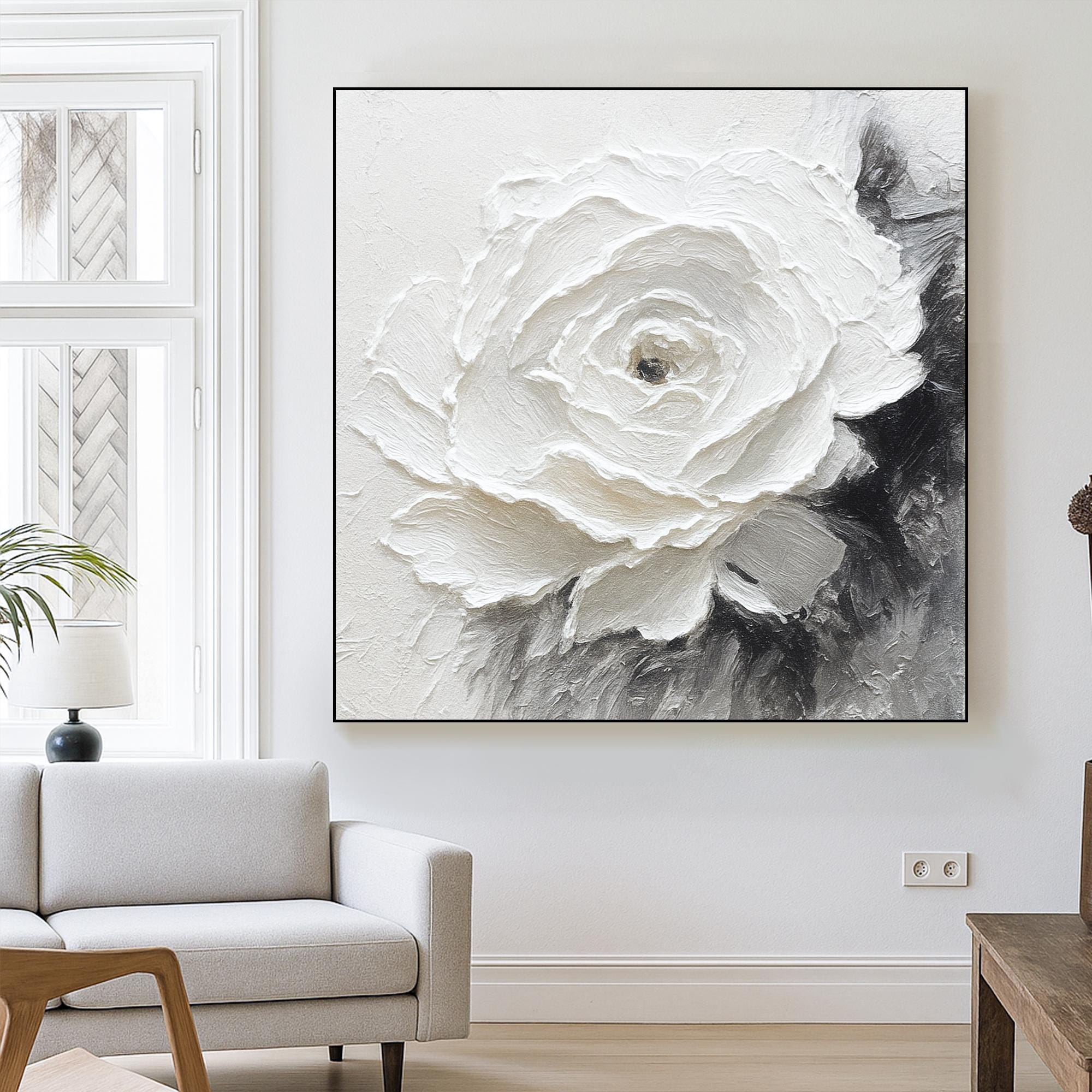 White Rose Painting on Canvas, Black and White  Wall Art, Minimalist Thick Oil Flower Artwork, Elegant Neutral Decor for Bedroom or Gift