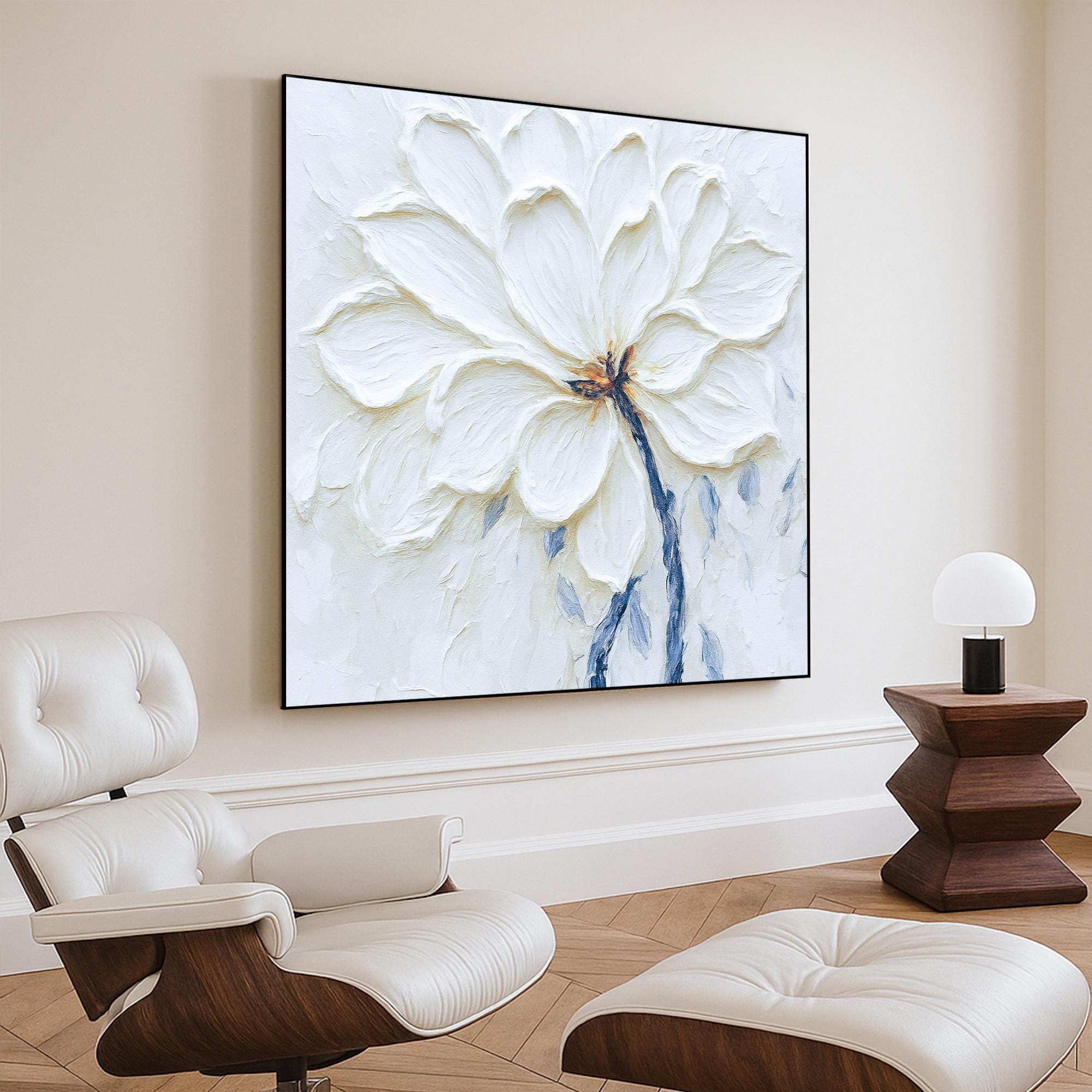 Textured White Flower Oil Painting on Canvas, Floral Wall Art with Petals, Hand Painted Neutral Art for Bedroom or Elegant Modern Decor