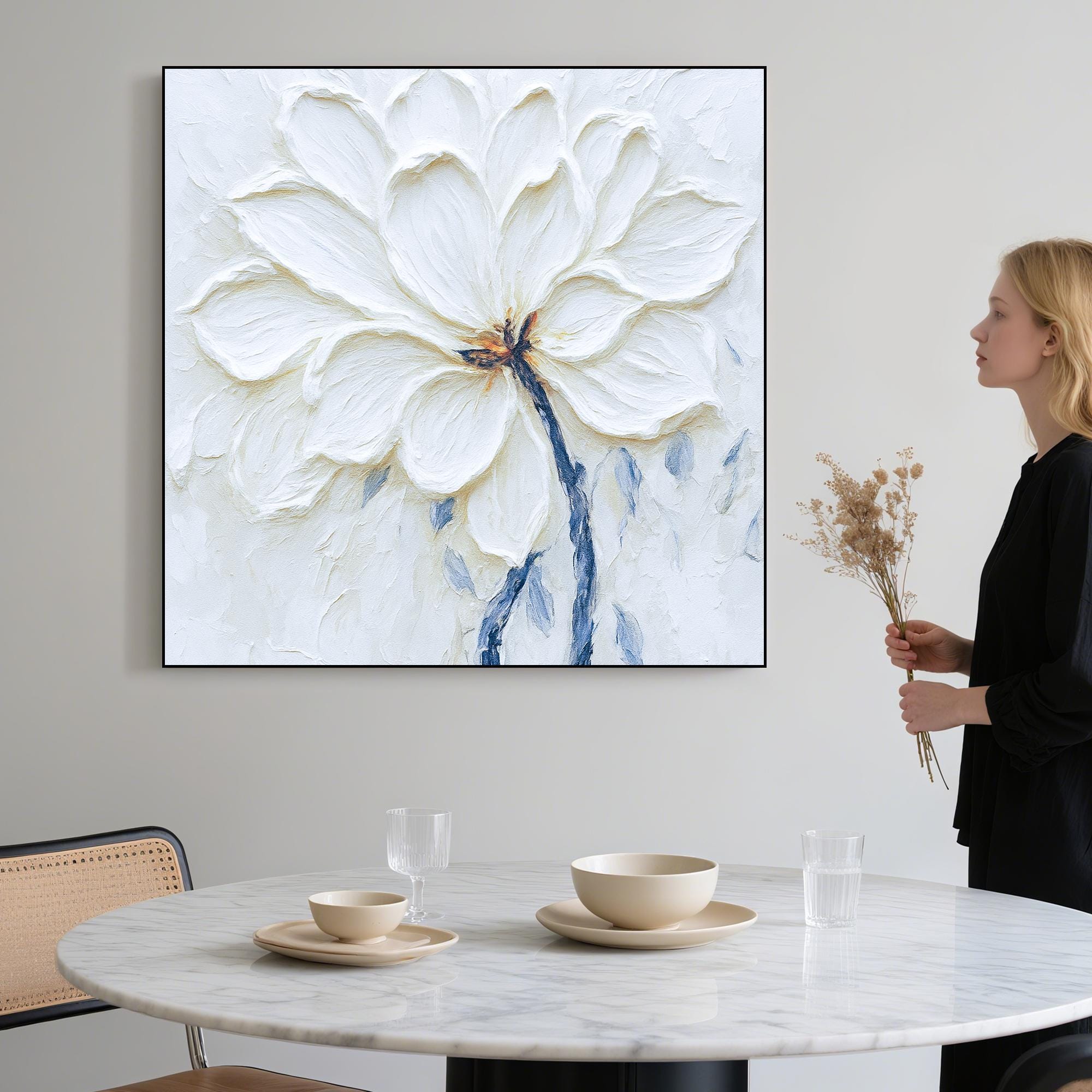 Textured White Flower Oil Painting on Canvas, Floral Wall Art with Petals, Hand Painted Neutral Art for Bedroom or Elegant Modern Decor