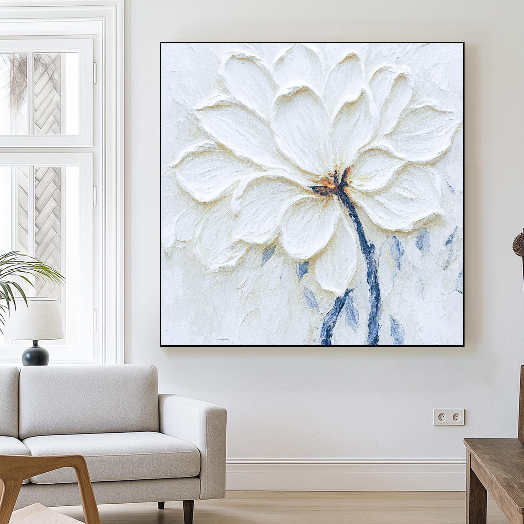 Textured White Flower Oil Painting on Canvas, Floral Wall Art with Petals, Hand Painted Neutral Art for Bedroom or Elegant Modern Decor