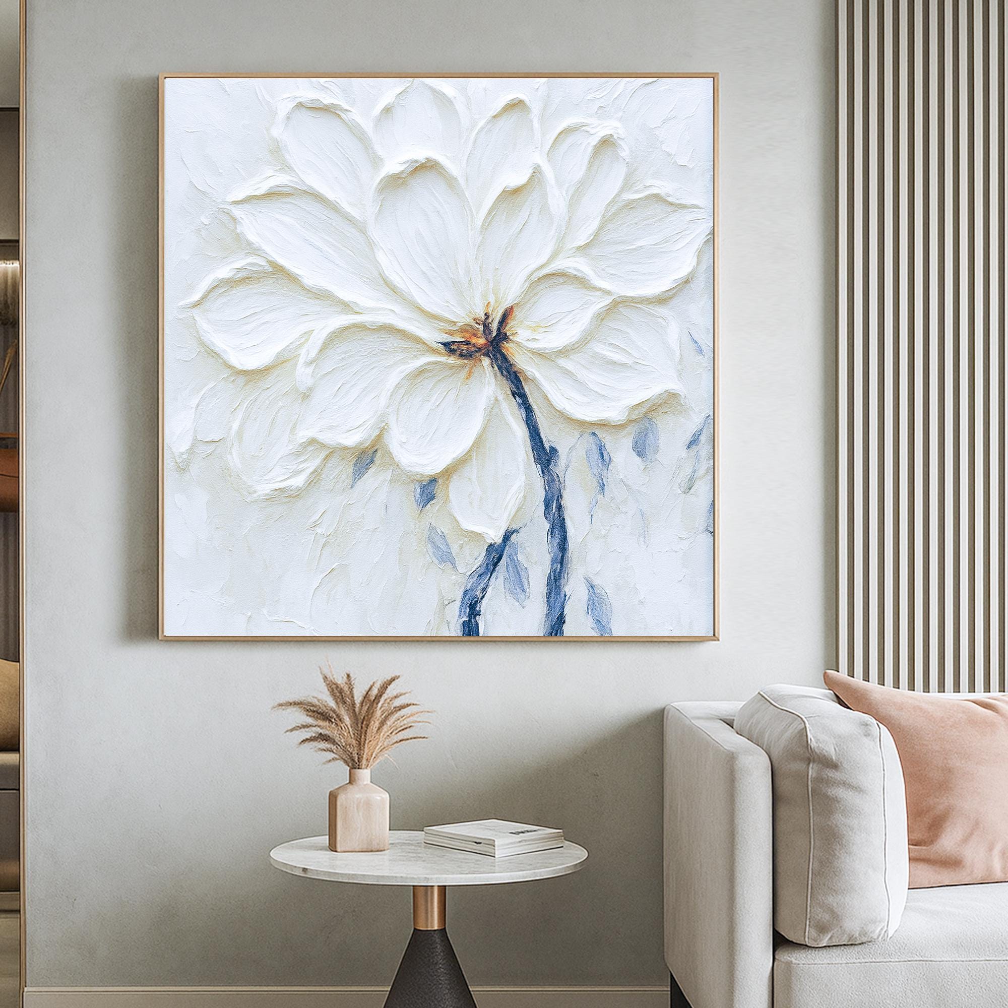 Textured White Flower Oil Painting on Canvas, Floral Wall Art with Petals, Hand Painted Neutral Art for Bedroom or Elegant Modern Decor