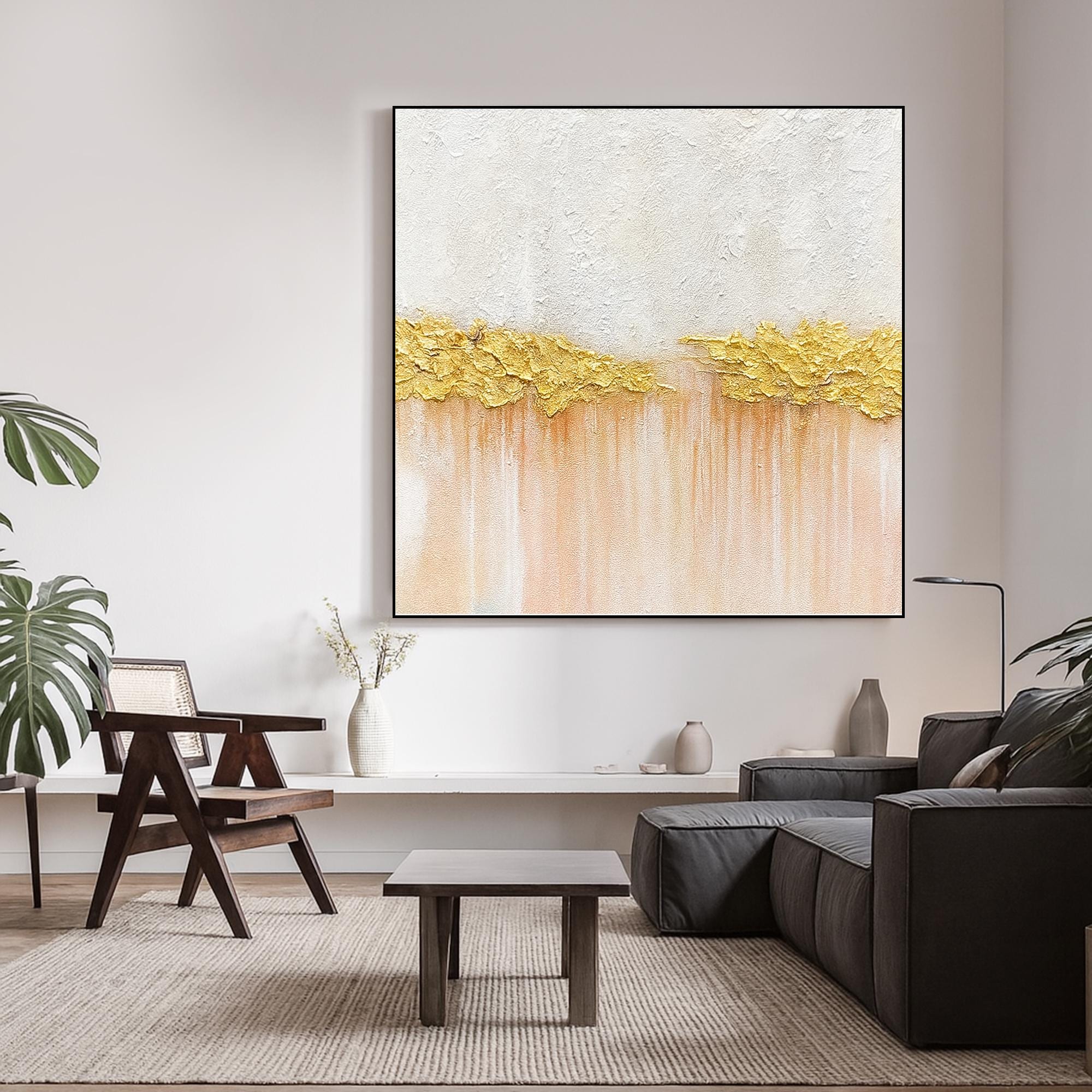 Textured Gold Leaf Abstract Painting on Canvas, Hand Painted Neutral Wall Art with Blush Peach Gradient, Artwork for Bedroom or Entryway