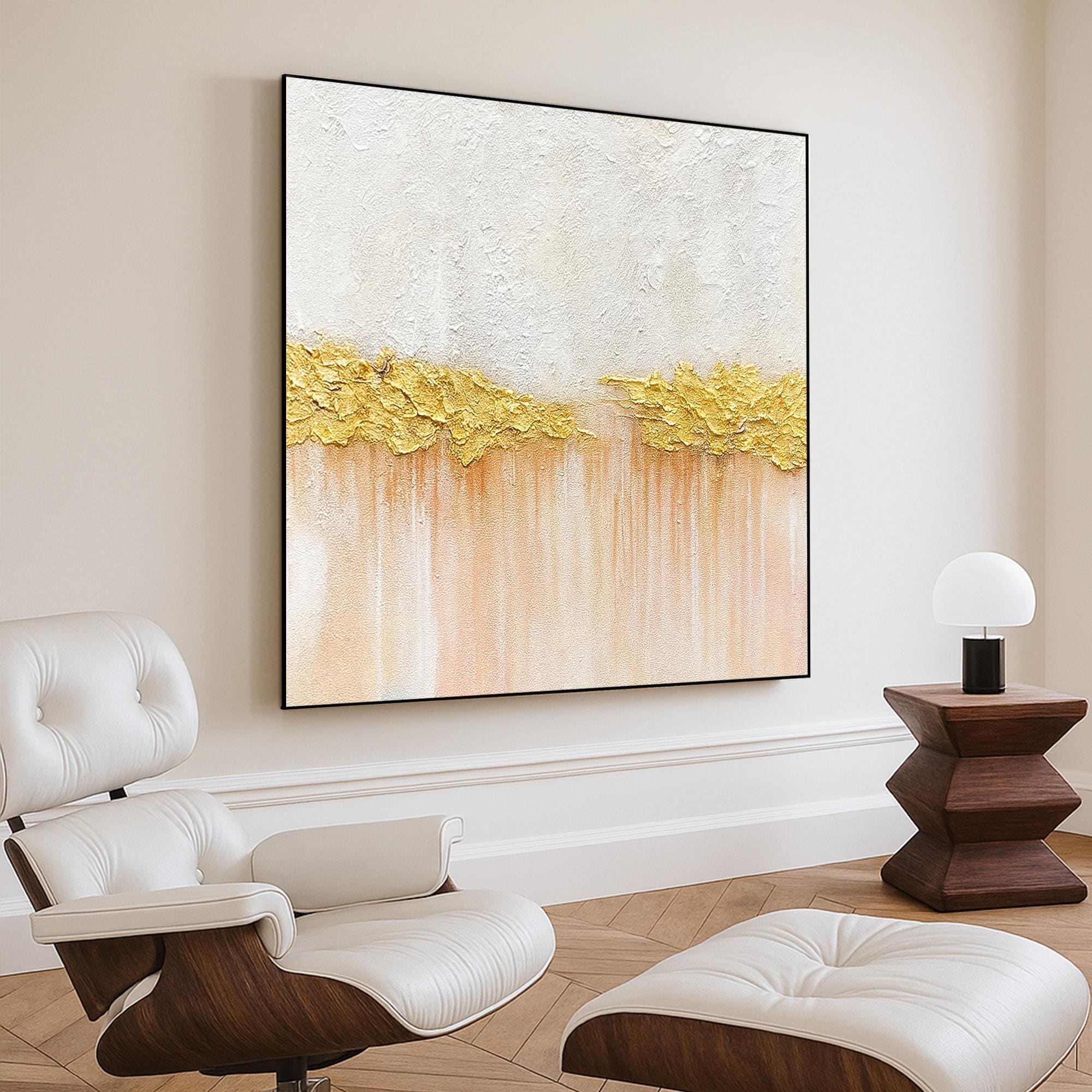 Textured Gold Leaf Abstract Painting on Canvas, Hand Painted Neutral Wall Art with Blush Peach Gradient, Artwork for Bedroom or Entryway