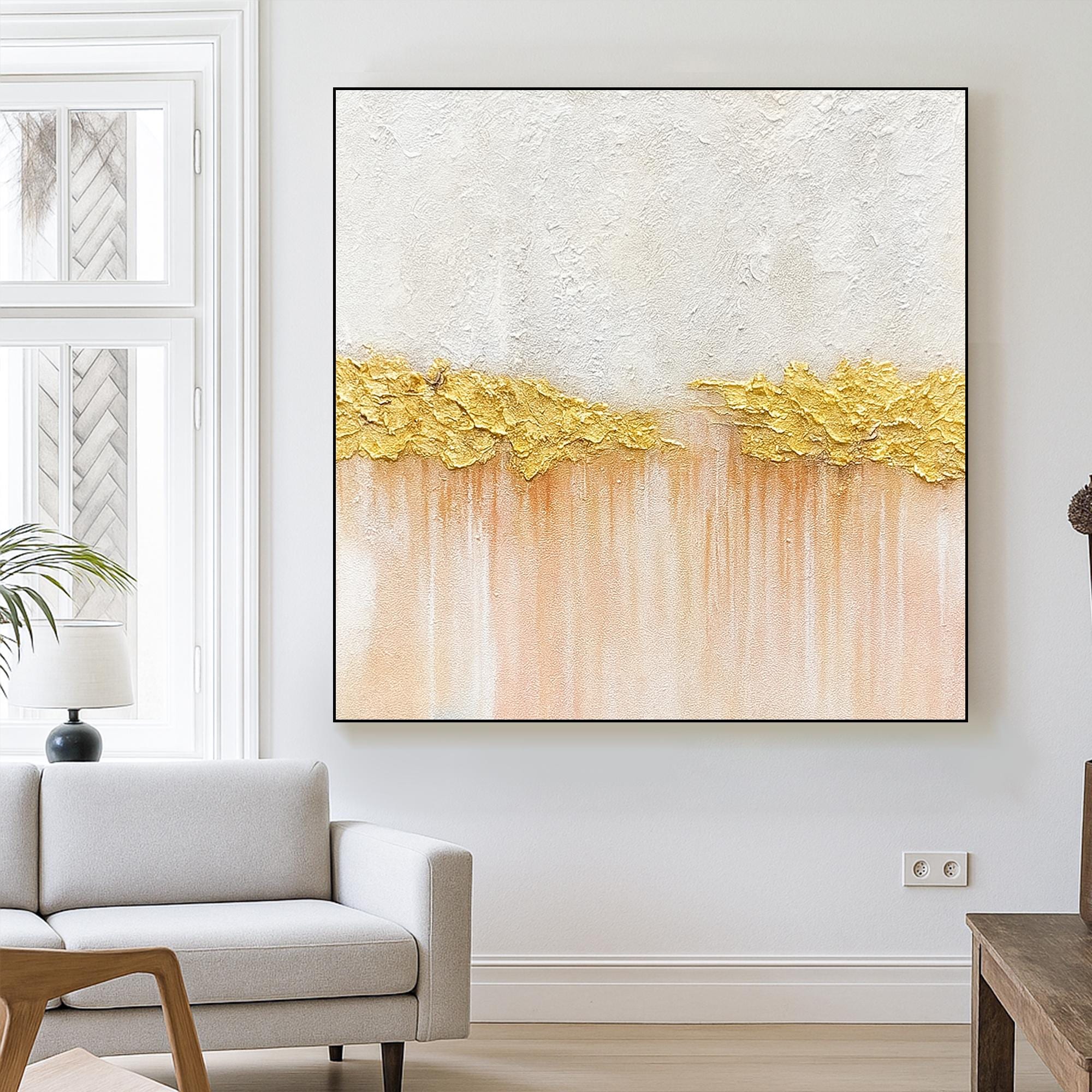 Textured Gold Leaf Abstract Painting on Canvas, Hand Painted Neutral Wall Art with Blush Peach Gradient, Artwork for Bedroom or Entryway