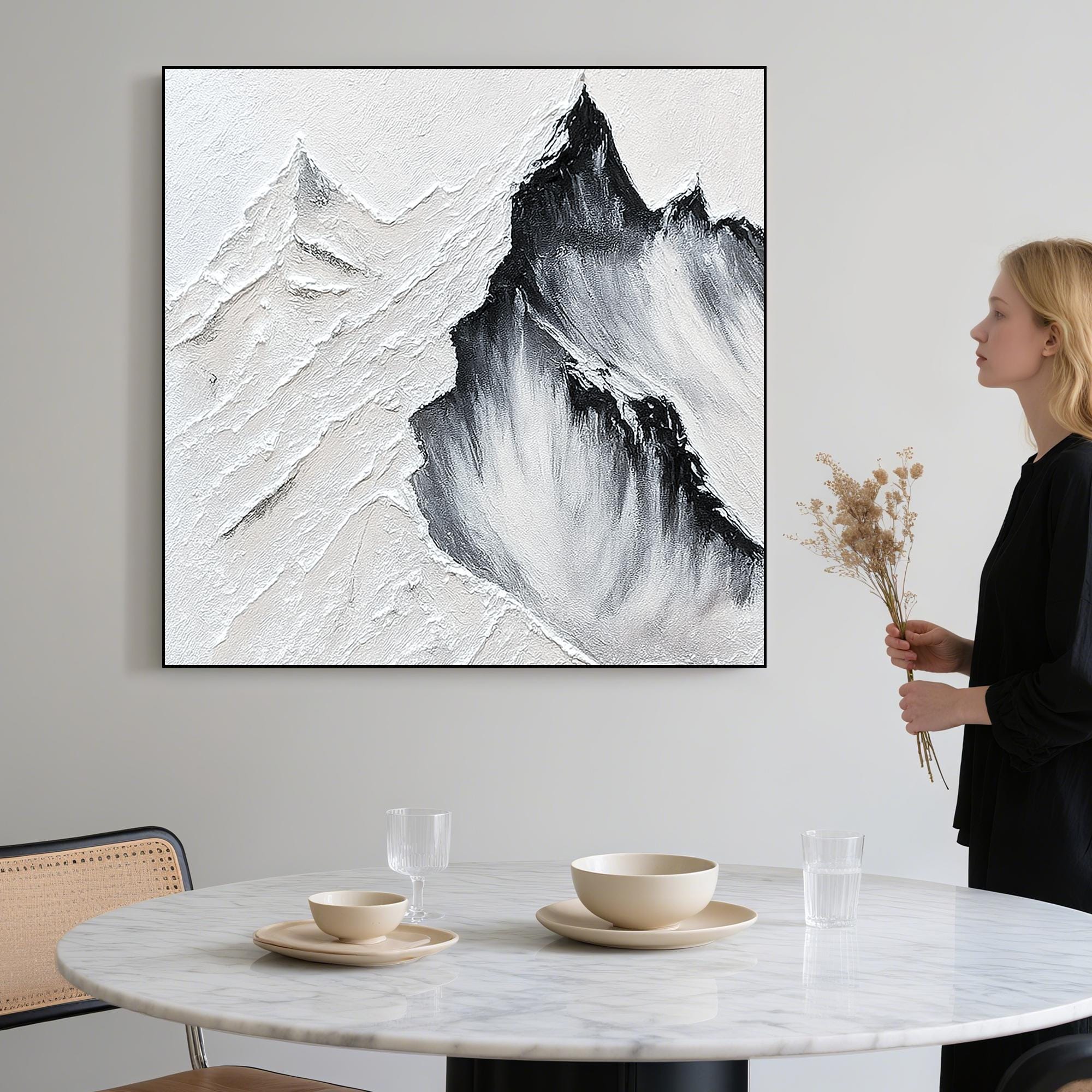 Textured Mountain Landscape Oil Painting on Canvas, Black and White Wall Art, Hand Painted Minimalist Abstract Nature Decor for Modern Home