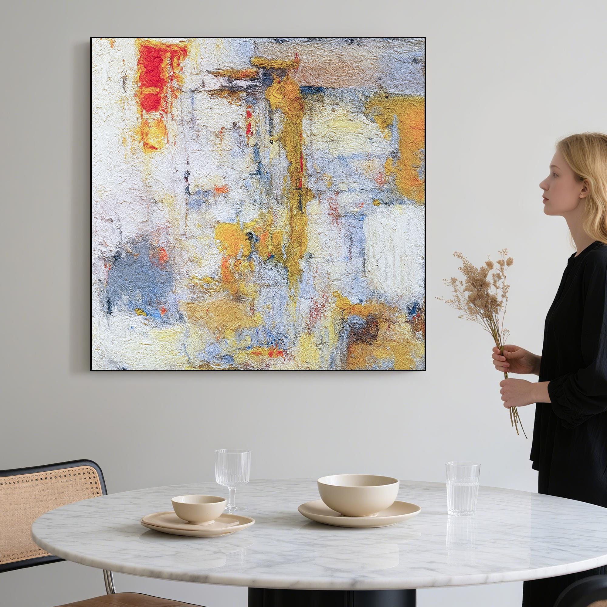 Textured Abstract Oil Painting on Canvas, Hand Painted Warm Neutral Wall Art with Yellow Red Accents, Colorful Artwork for Living Room