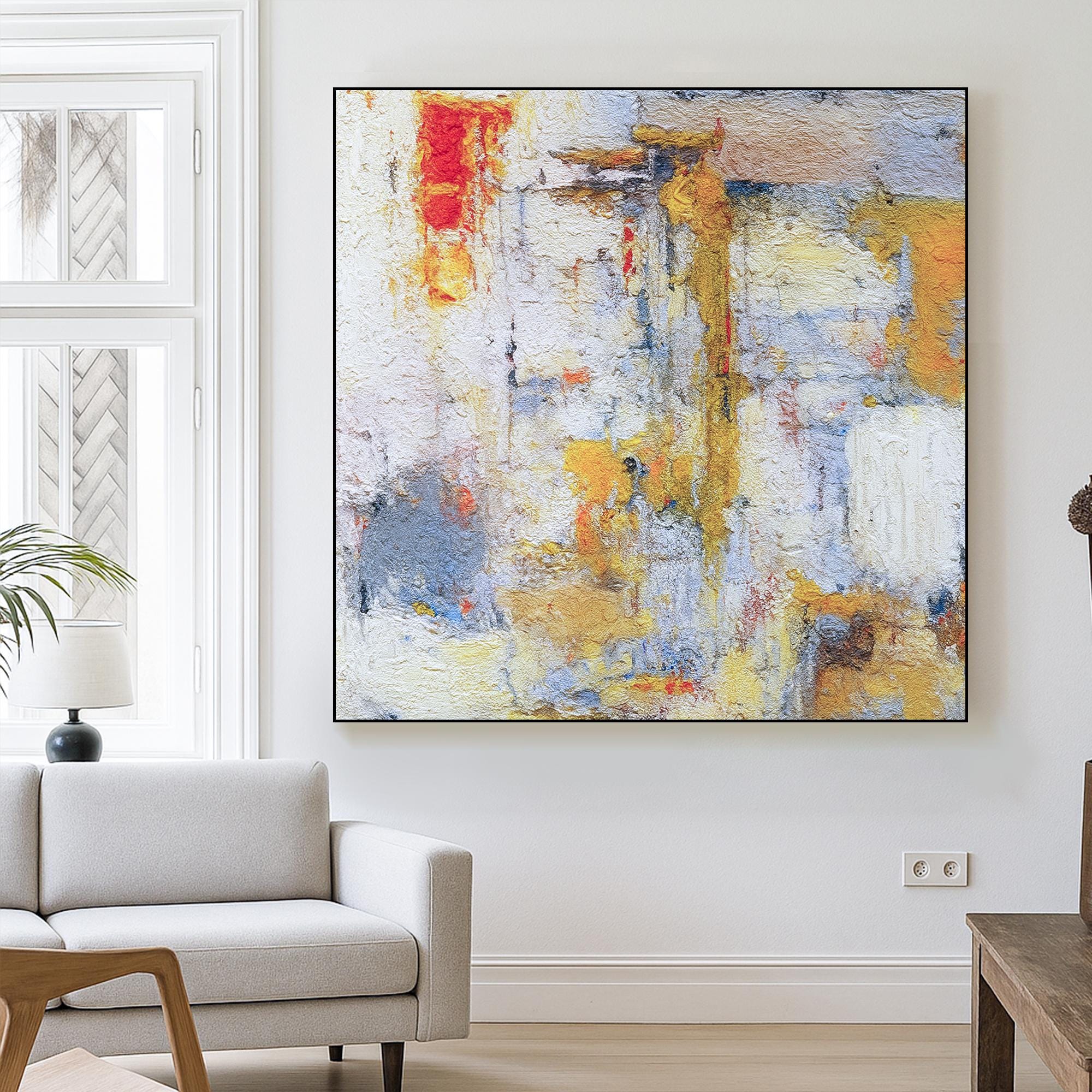 Textured Abstract Oil Painting on Canvas, Hand Painted Warm Neutral Wall Art with Yellow Red Accents, Colorful Artwork for Living Room