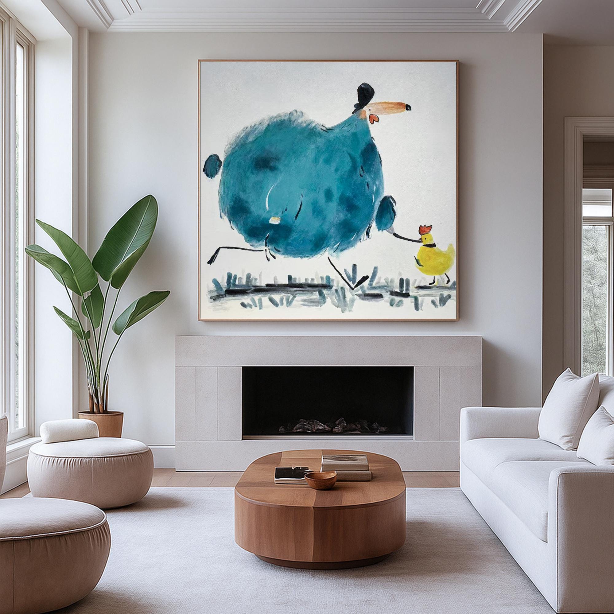 Whimsical Animal Character Painting, Hand Painted Funny Bird Family Wall Art, Colorful Cartoon Style Artwork for Playroom or Modern Nursery
