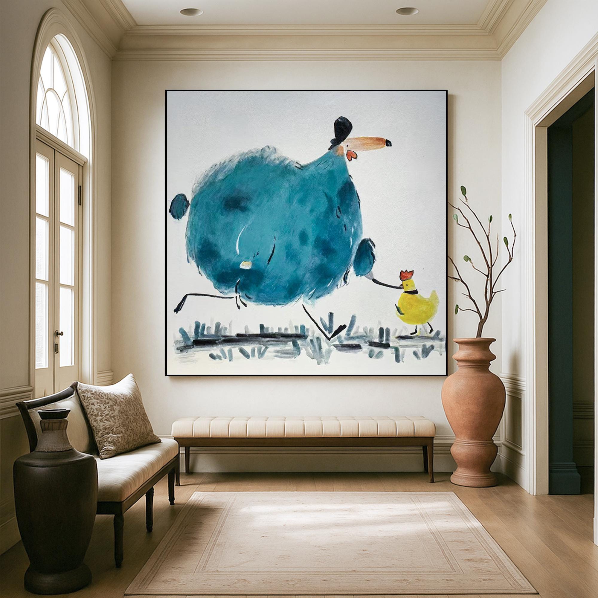 Whimsical Animal Character Painting, Hand Painted Funny Bird Family Wall Art, Colorful Cartoon Style Artwork for Playroom or Modern Nursery