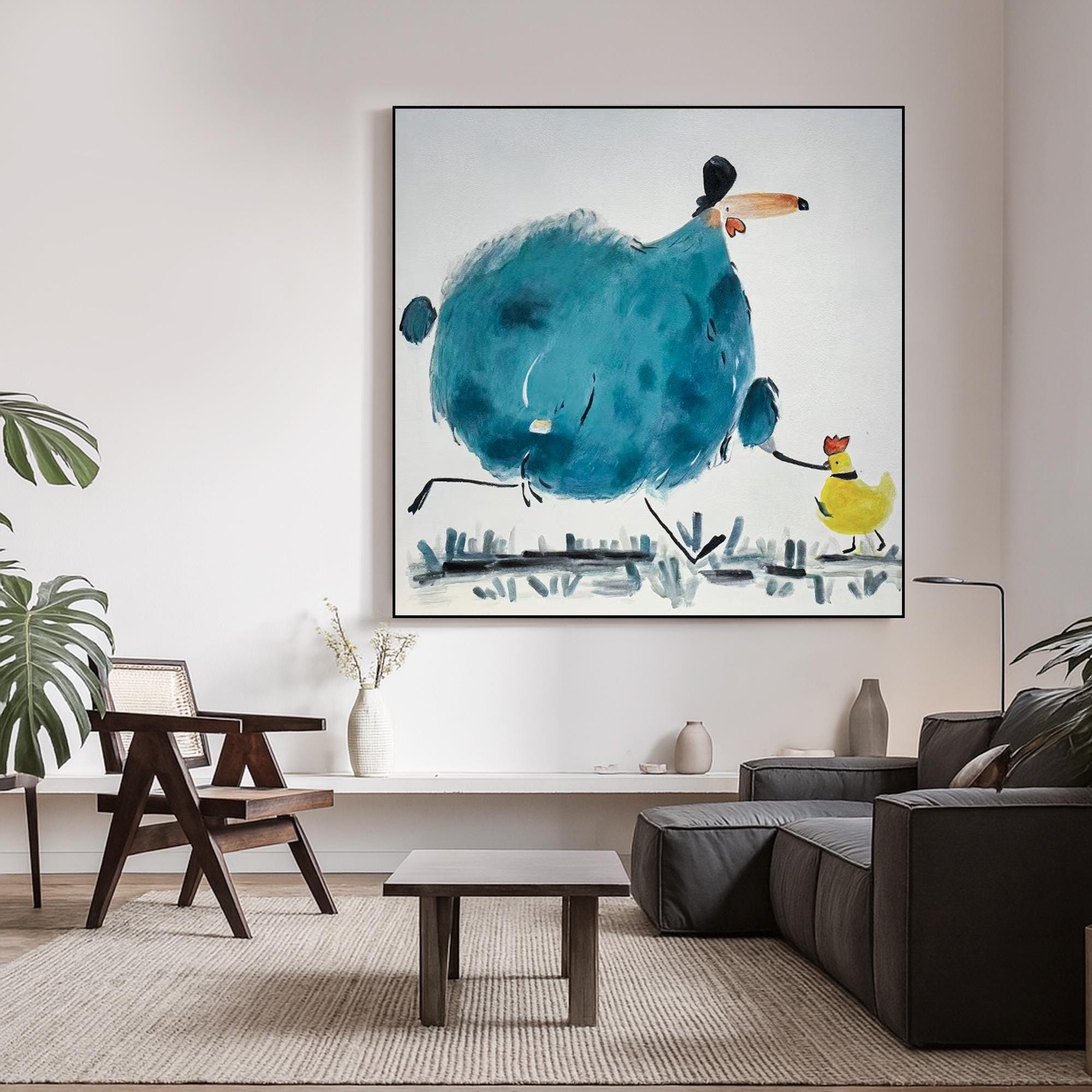Whimsical Animal Character Painting, Hand Painted Funny Bird Family Wall Art, Colorful Cartoon Style Artwork for Playroom or Modern Nursery