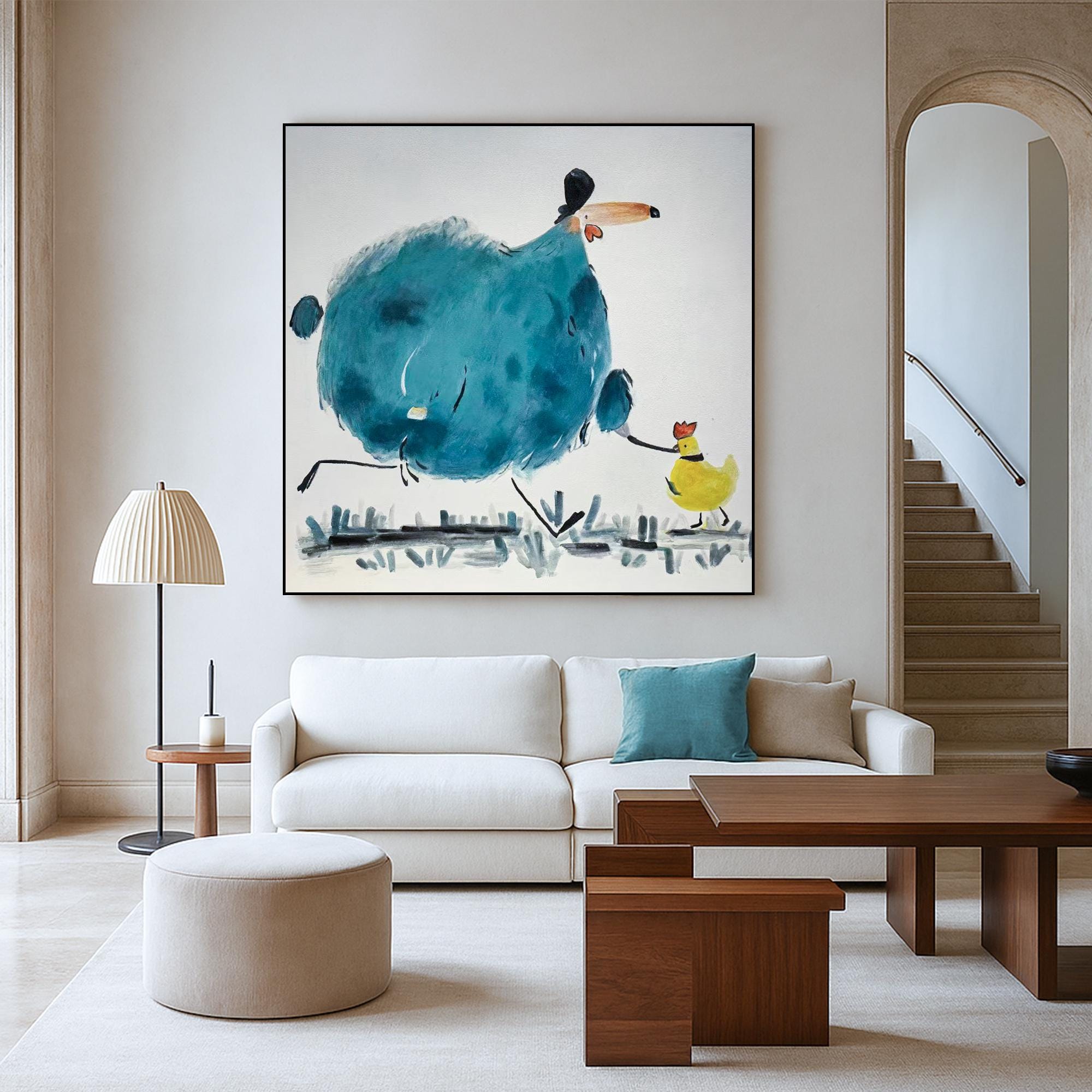 Whimsical Animal Character Painting, Hand Painted Funny Bird Family Wall Art, Colorful Cartoon Style Artwork for Playroom or Modern Nursery