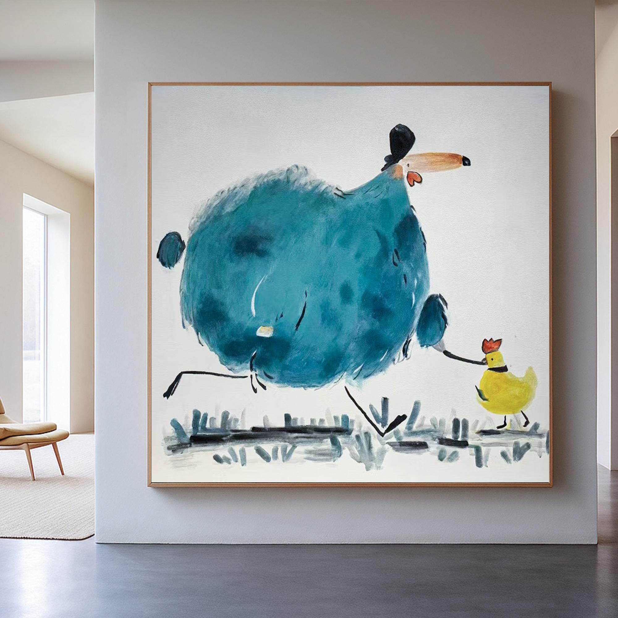 Whimsical Animal Character Painting, Hand Painted Funny Bird Family Wall Art, Colorful Cartoon Style Artwork for Playroom or Modern Nursery