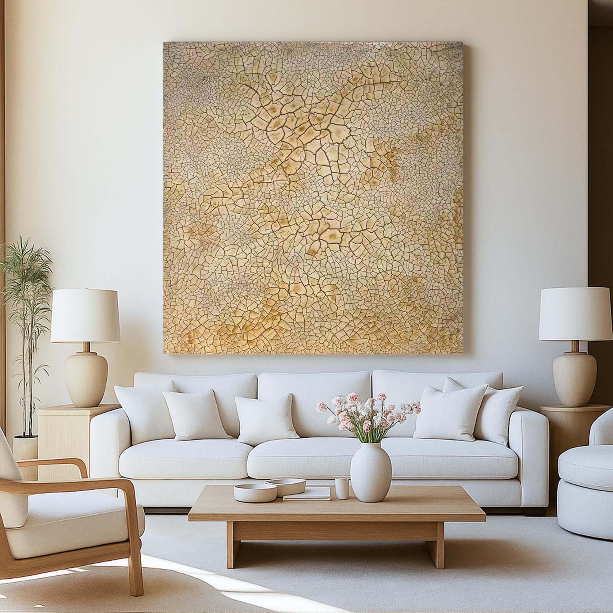 Textured Crackle Abstract Painting on Canvas, Beige Natural Wall Art with Organic Pattern, Minimalist Earth Tone Hand Painted Artwork