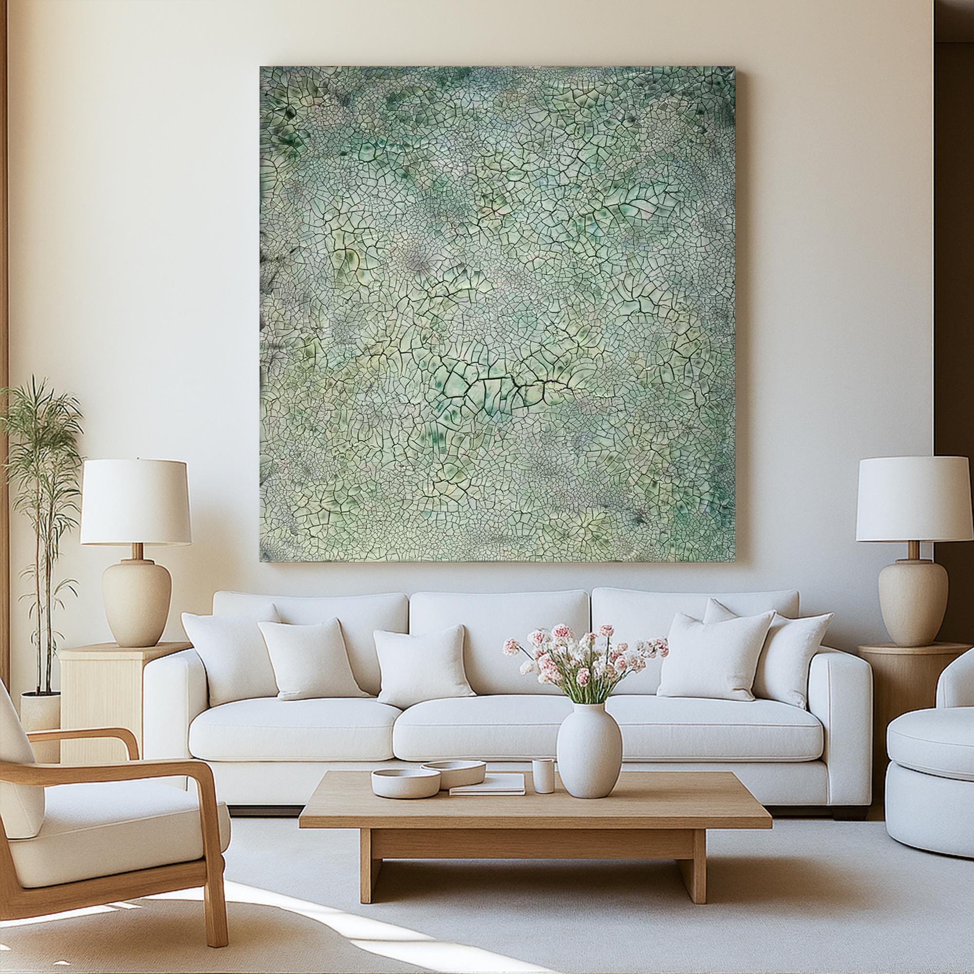Green Crackle Abstract Texture Painting on Canvas, Organic Nature Inspired Wall Art, Modern Hand Painted Minimalist Earth Tones Artwork