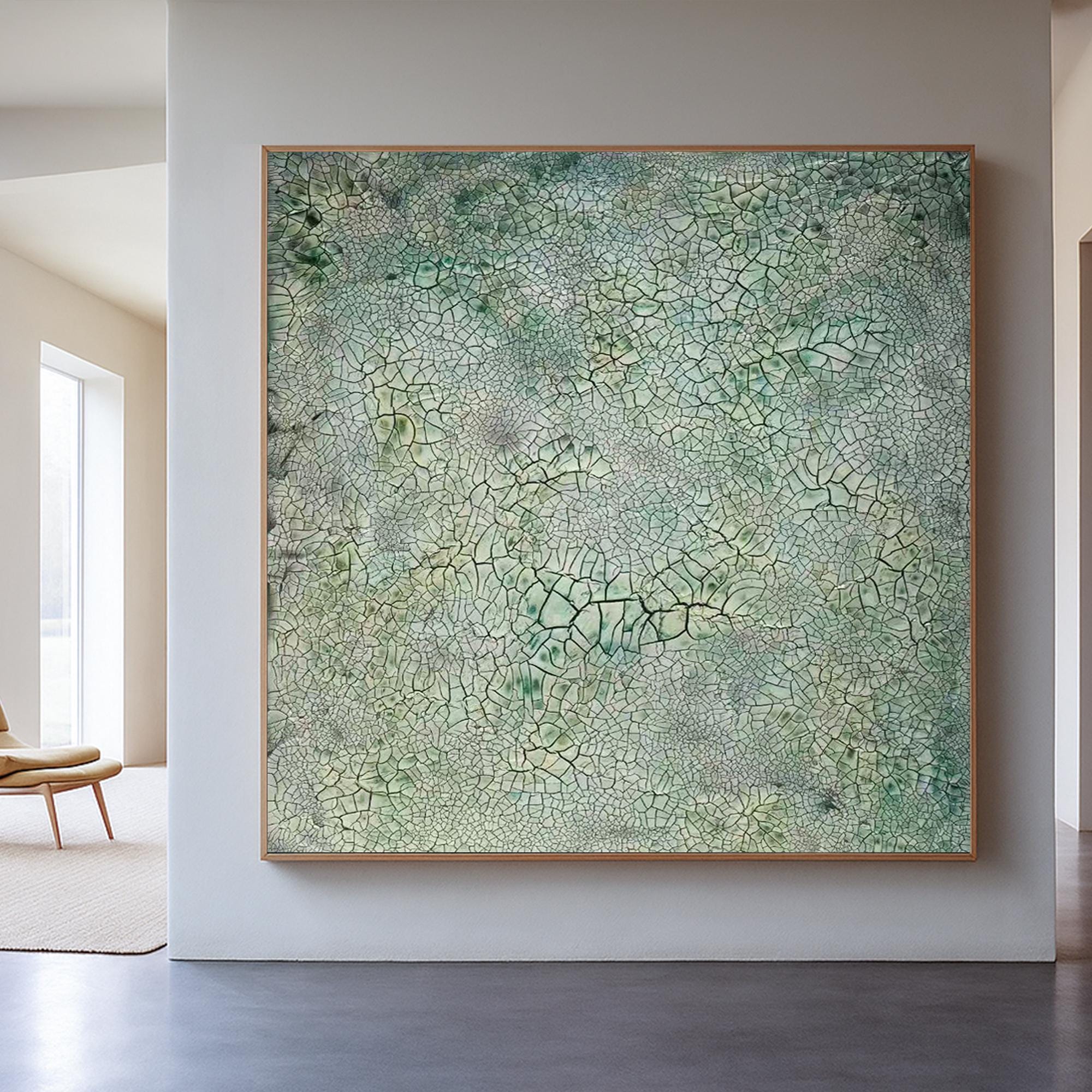 Green Crackle Abstract Texture Painting on Canvas, Organic Nature Inspired Wall Art, Modern Hand Painted Minimalist Earth Tones Artwork