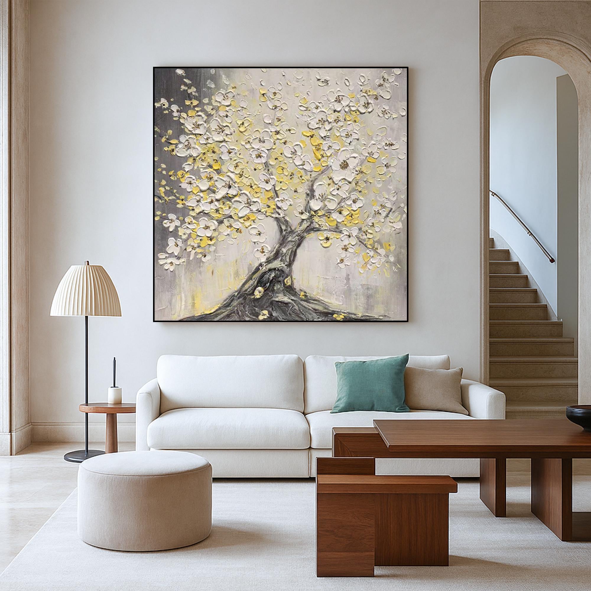 Textured Blooming Tree Oil Painting on Canvas, Yellow White Floral Wall Art, Modern Impasto Cherry Blossom Artwork, Large Spring Decor