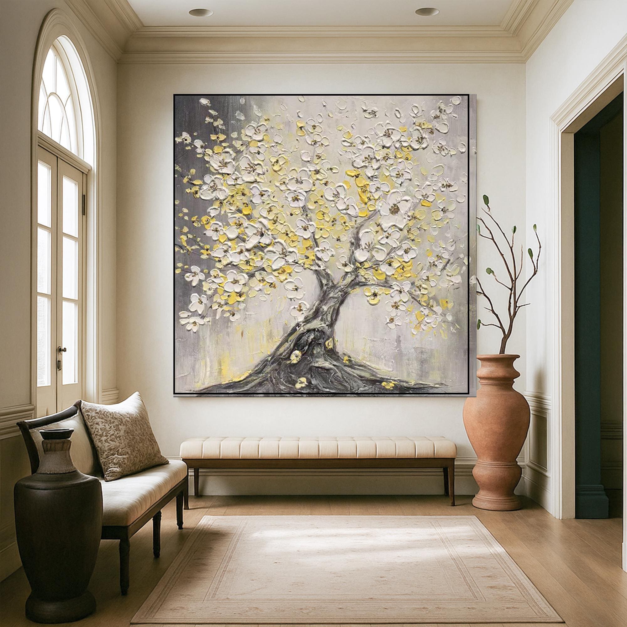 Textured Blooming Tree Oil Painting on Canvas, Yellow White Floral Wall Art, Modern Impasto Cherry Blossom Artwork, Large Spring Decor