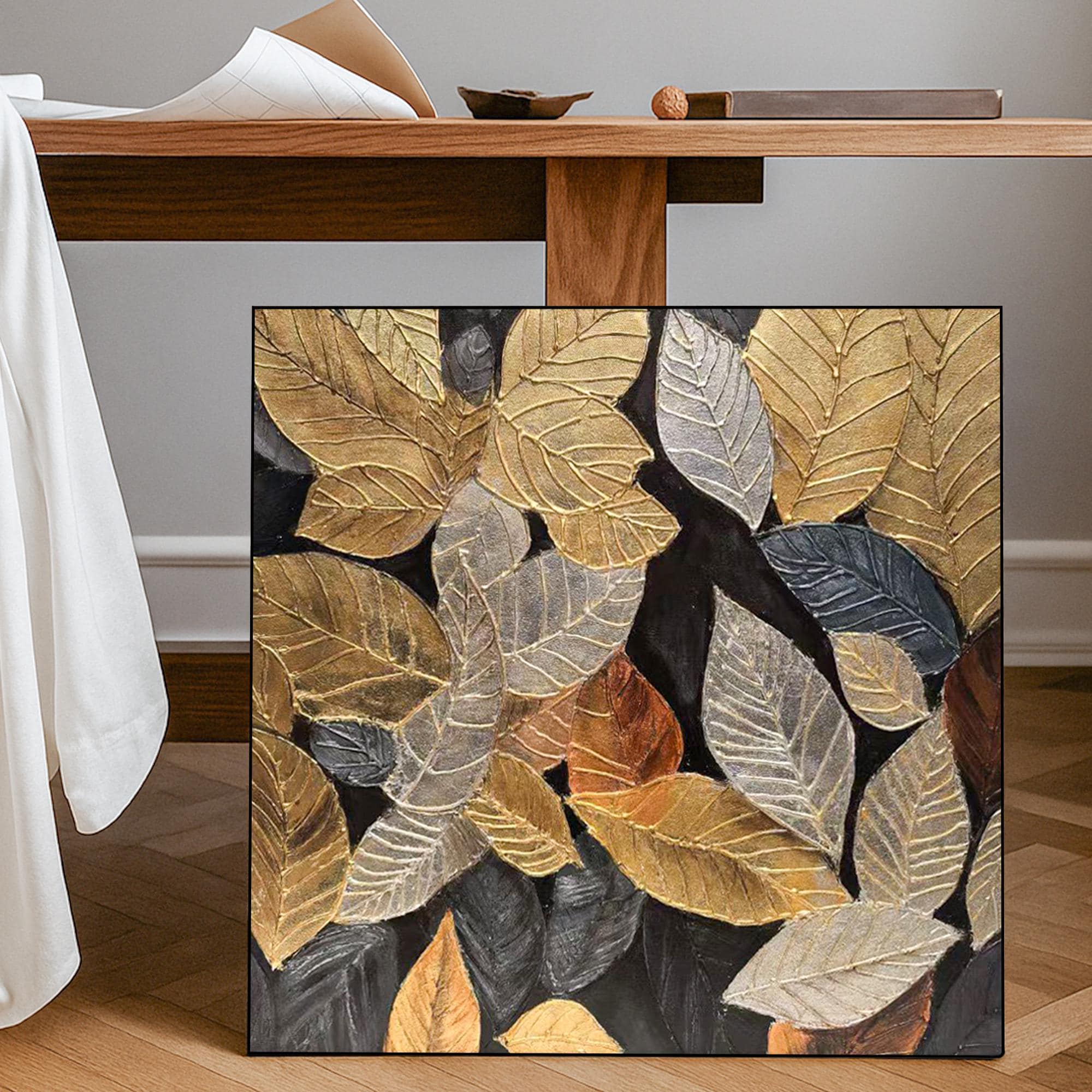 Gold Leaf Textured Wall Art on Canvas, Metallic Botanical Oil Painting, Hand Painted Autumn Leaves Artwork, Modern Nature Home Decor