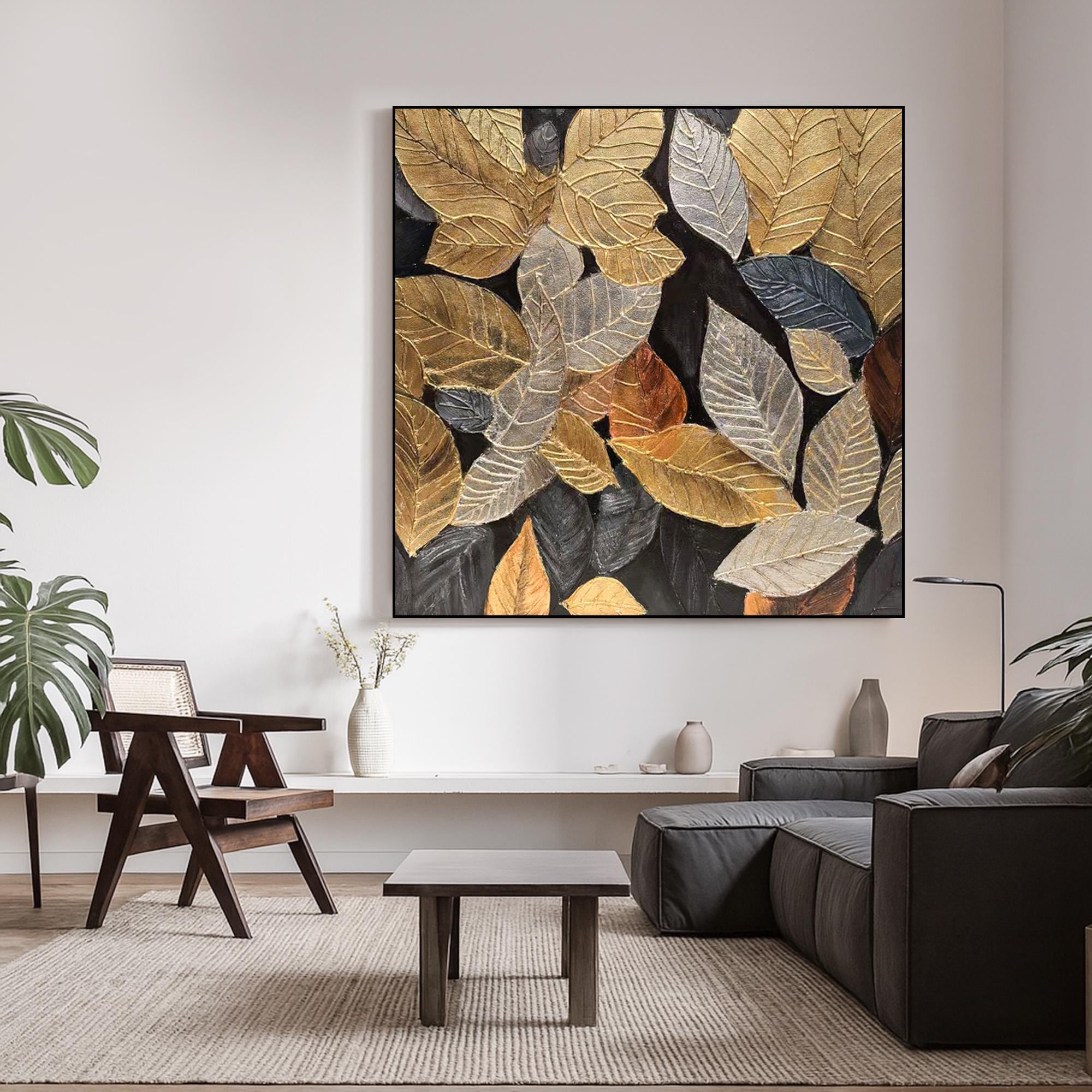 Gold Leaf Textured Wall Art on Canvas, Metallic Botanical Oil Painting, Hand Painted Autumn Leaves Artwork, Modern Nature Home Decor