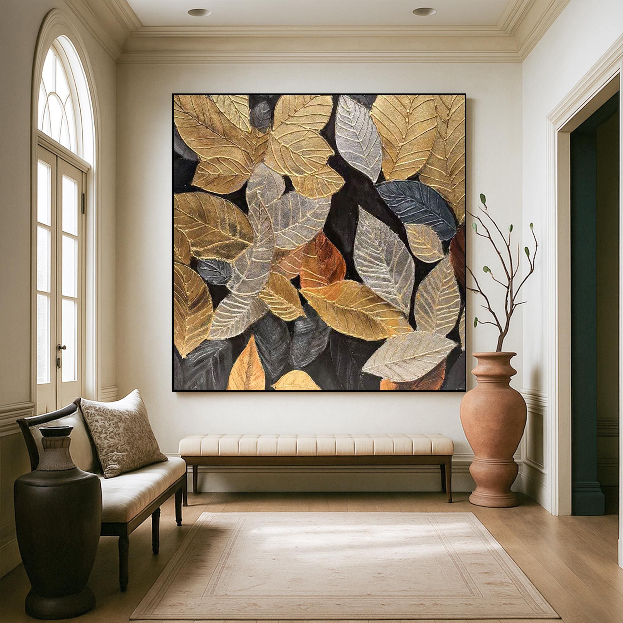 Gold Leaf Textured Wall Art on Canvas, Metallic Botanical Oil Painting, Hand Painted Autumn Leaves Artwork, Modern Nature Home Decor