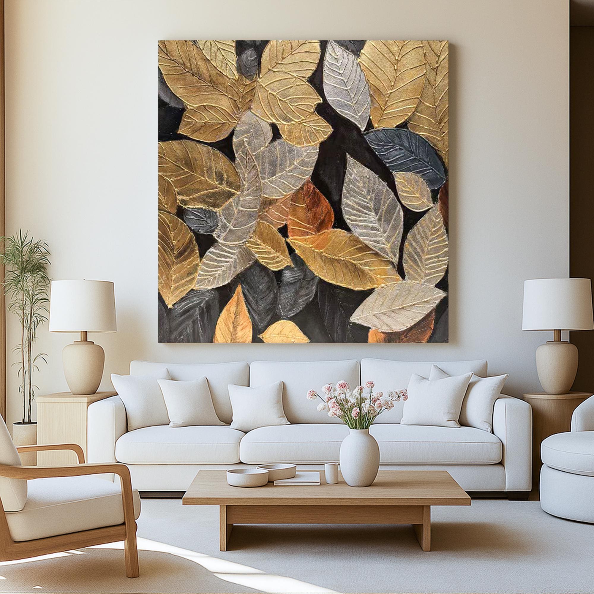 Gold Leaf Textured Wall Art on Canvas, Metallic Botanical Oil Painting, Hand Painted Autumn Leaves Artwork, Modern Nature Home Decor