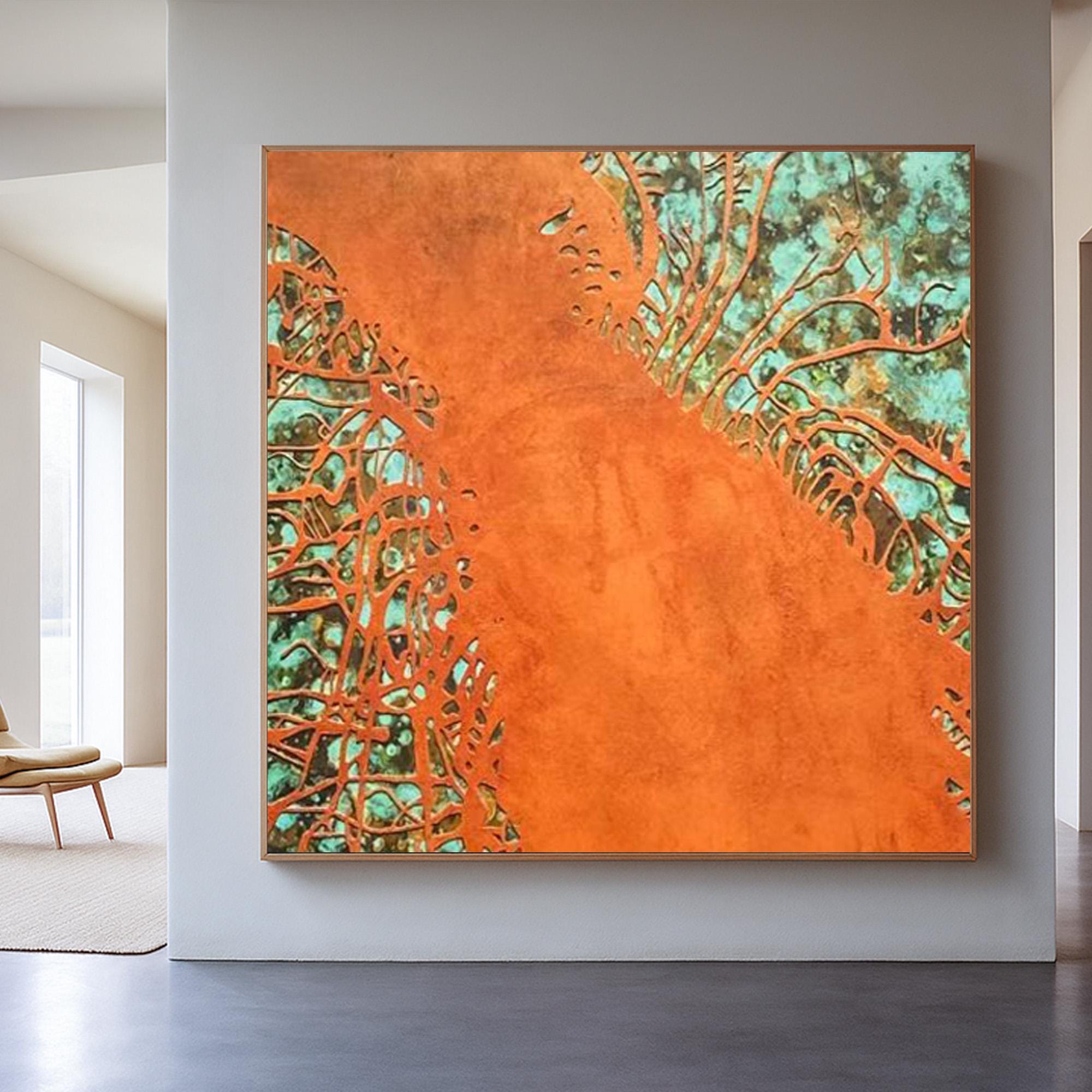 Large Abstract Orange Teal Wall Art on Canvas, Original Textured Hand Painted Acrylic Painting, Modern Bold Color Statement Artwork for Home