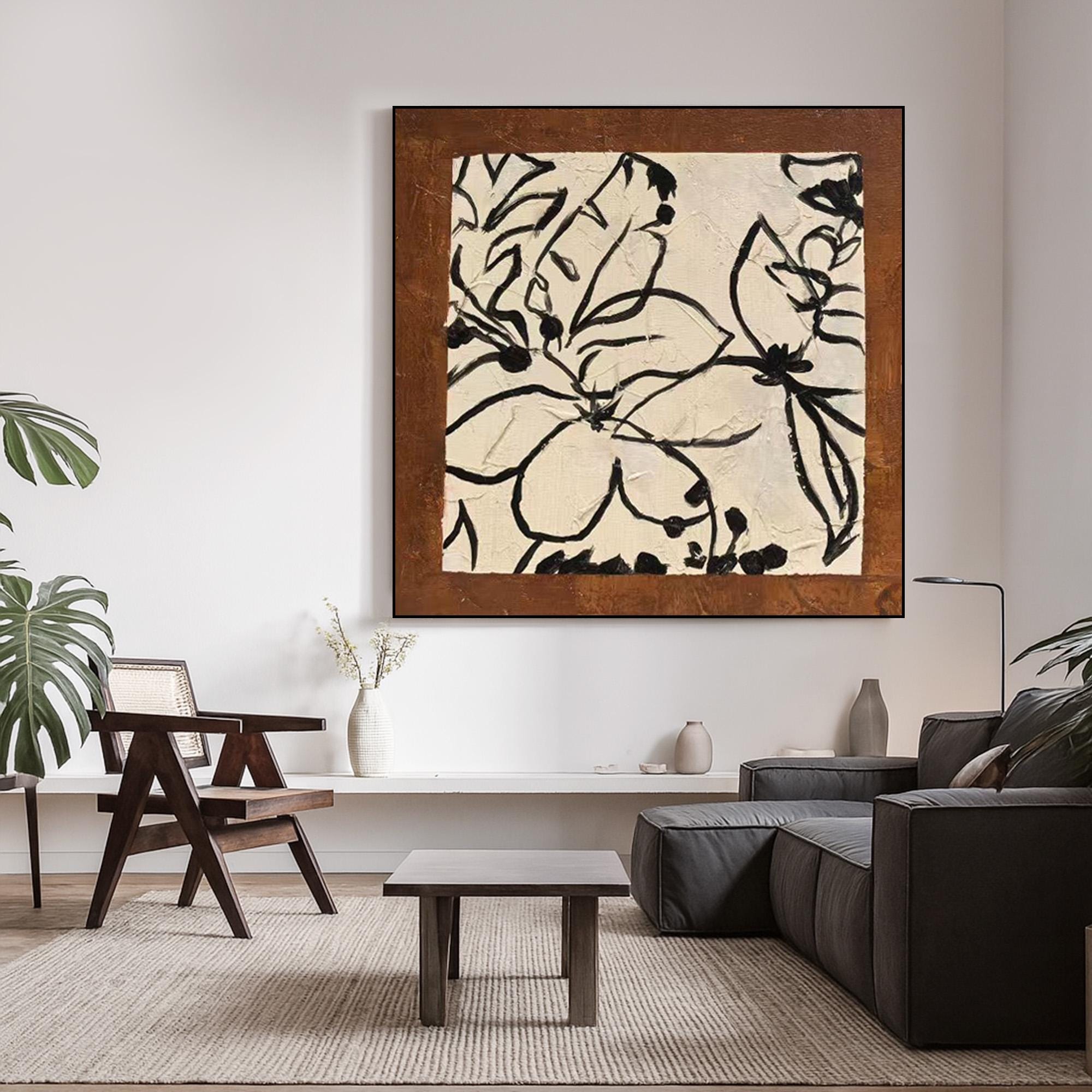 Black Floral Line Art on Textured Canvas, Neutral Botanical Wall Decor, Original Handmade Abstract Ink Flower Painting for Modern Home