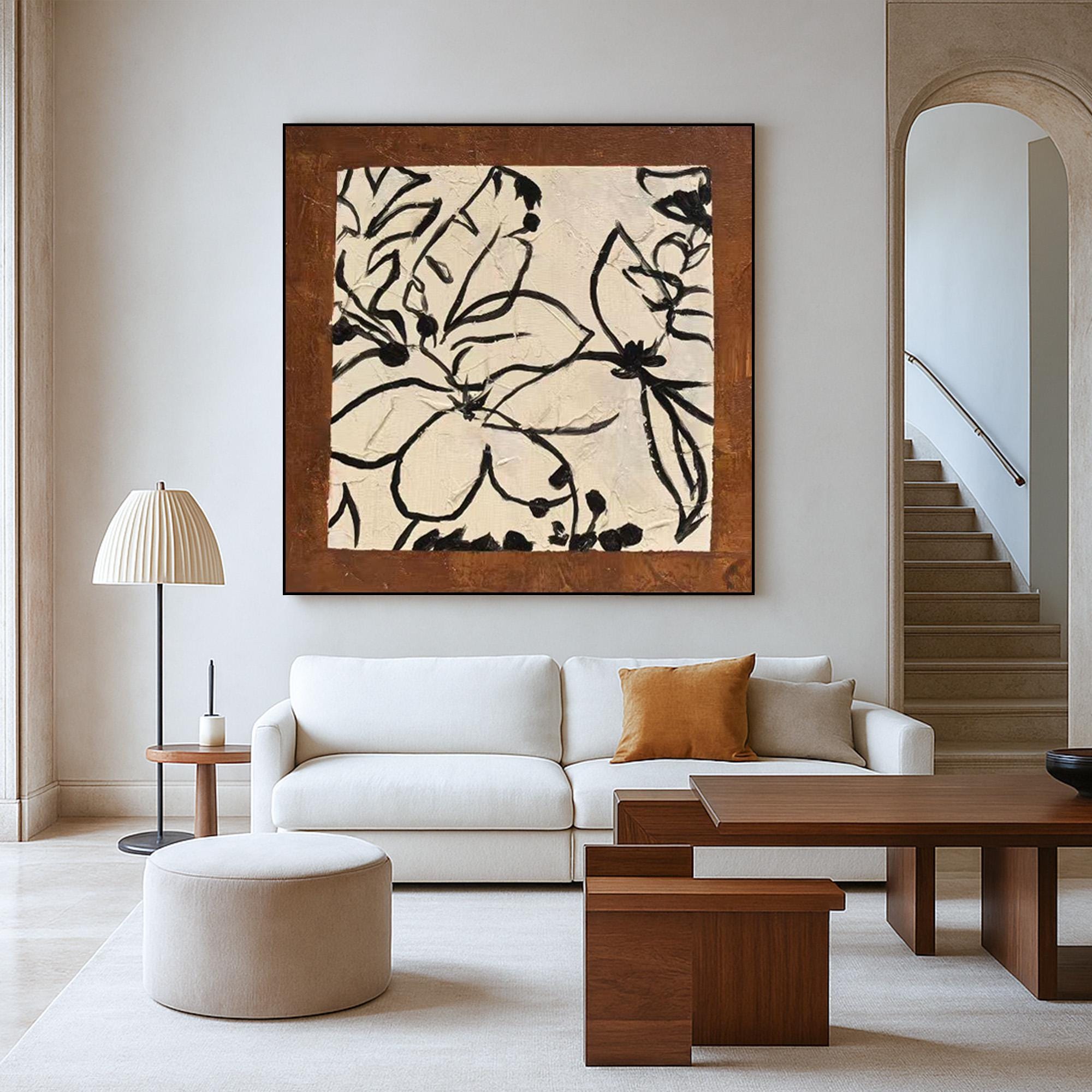 Black Floral Line Art on Textured Canvas, Neutral Botanical Wall Decor, Original Handmade Abstract Ink Flower Painting for Modern Home