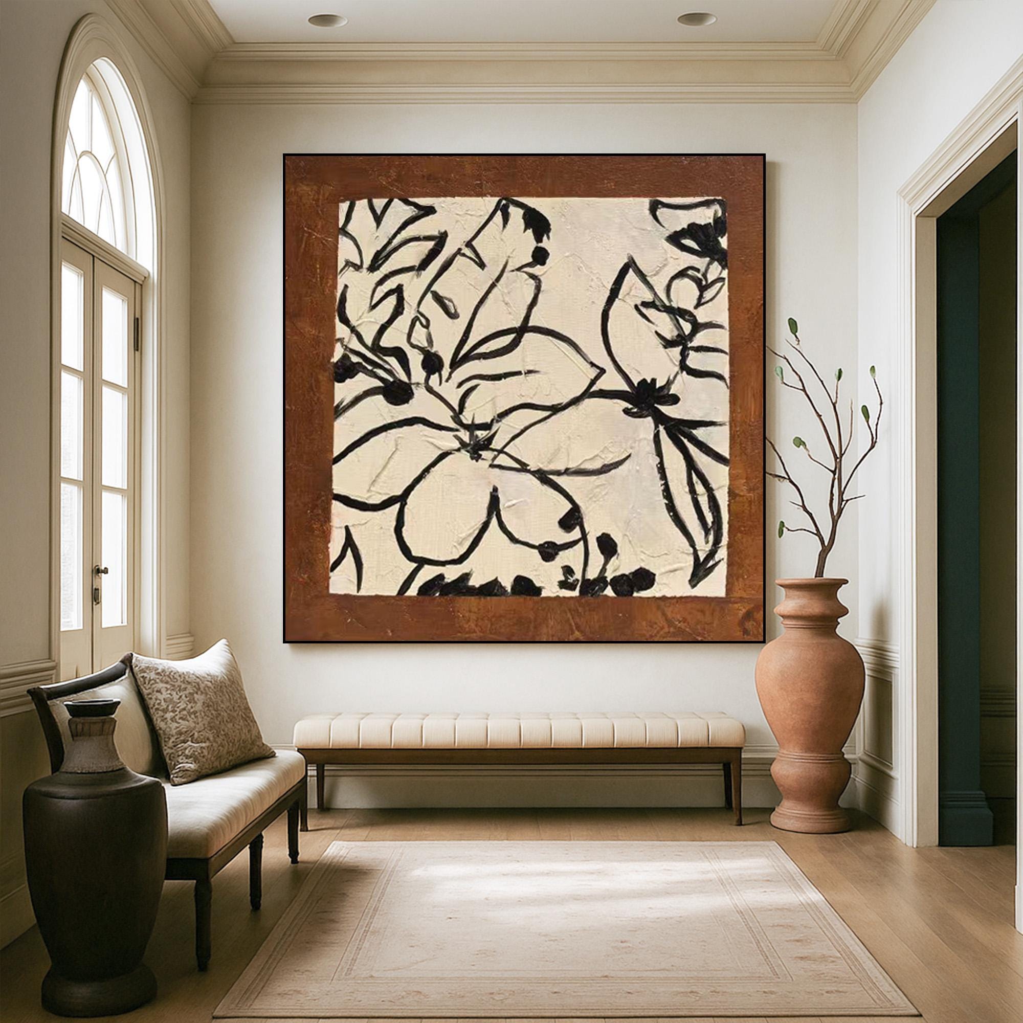 Black Floral Line Art on Textured Canvas, Neutral Botanical Wall Decor, Original Handmade Abstract Ink Flower Painting for Modern Home