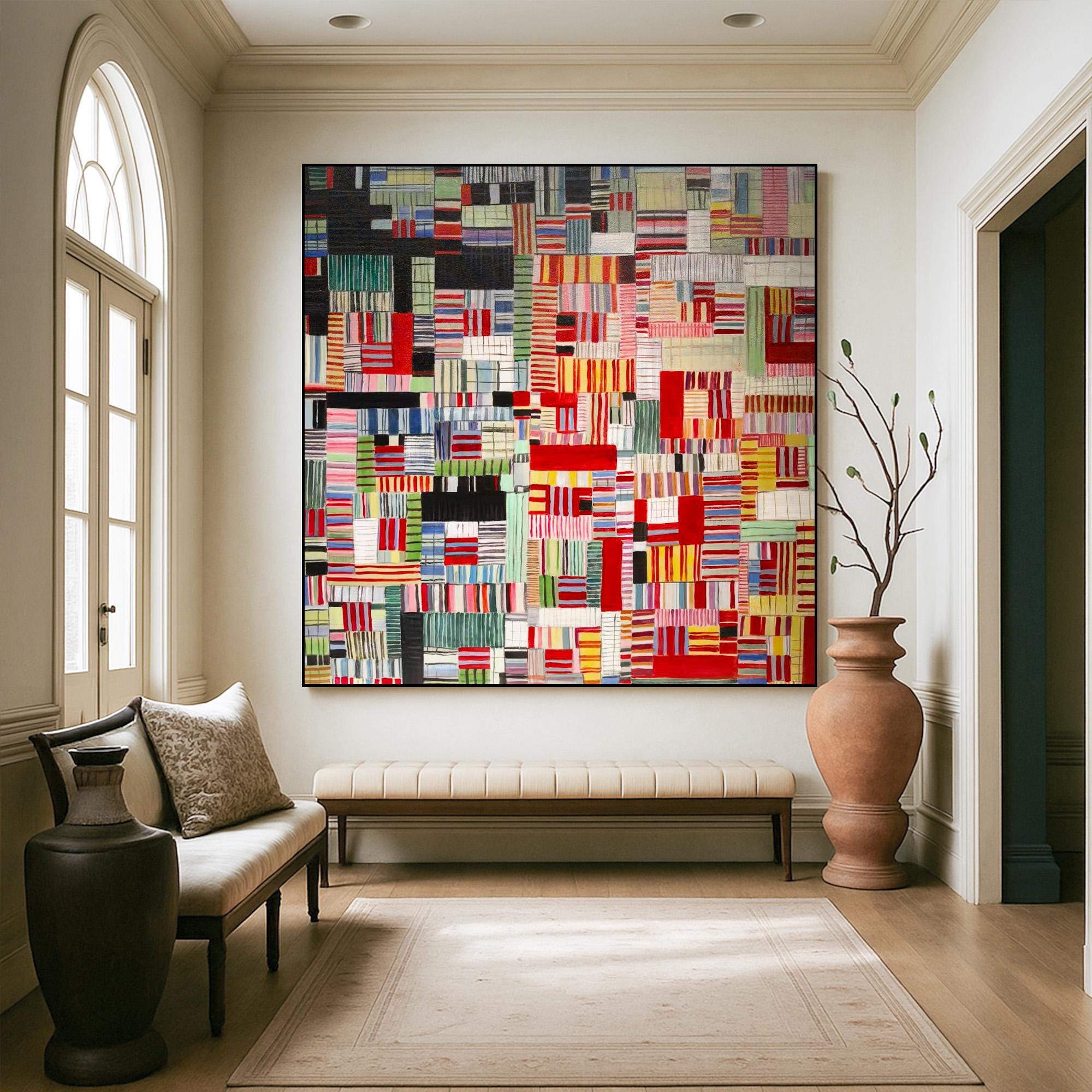 Colorful Geometric Abstract Wall Art | Hand Painted Patchwork Canvas for Eclectic Modern Living Room | Bold Striped Acrylic Painting