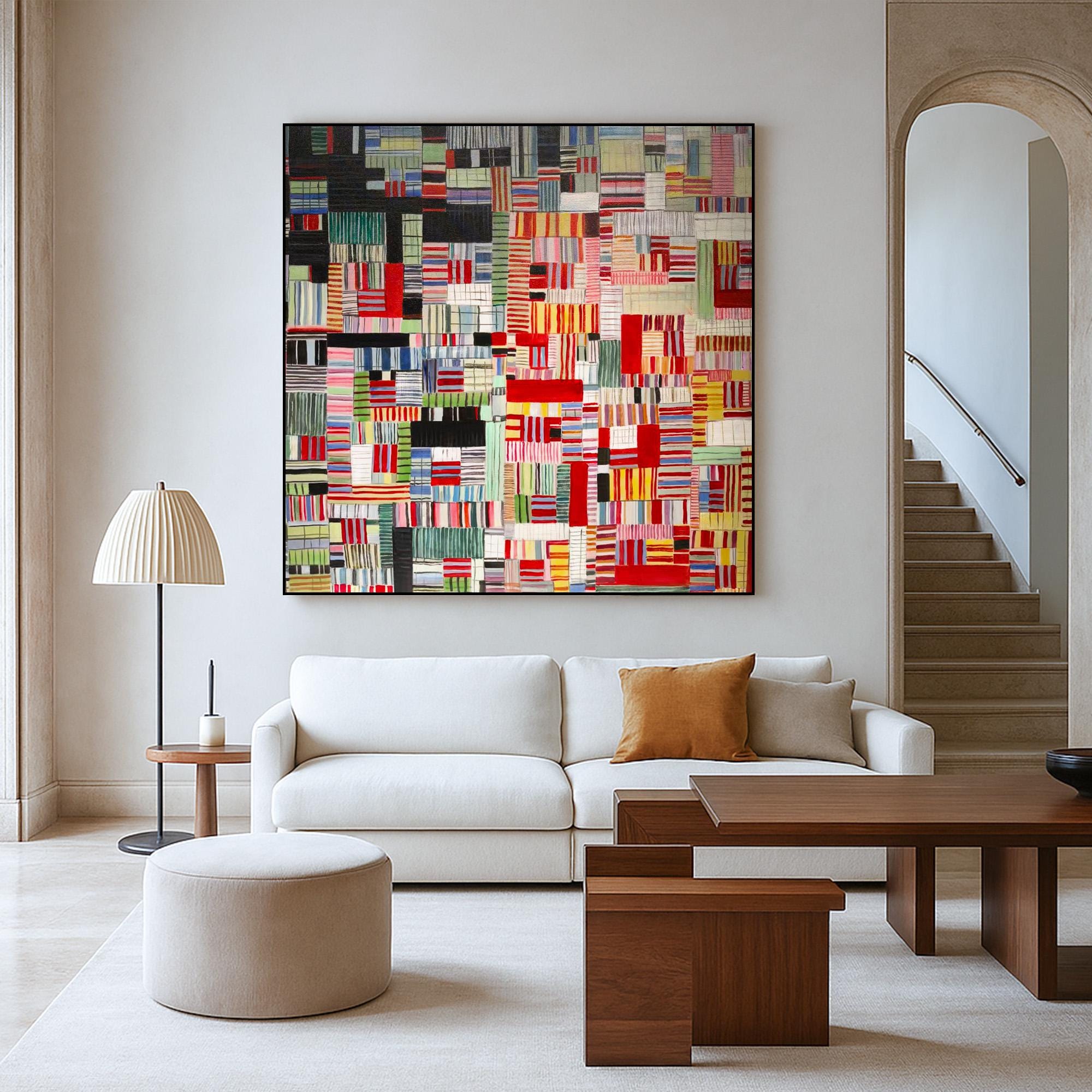 Colorful Geometric Abstract Wall Art | Hand Painted Patchwork Canvas for Eclectic Modern Living Room | Bold Striped Acrylic Painting