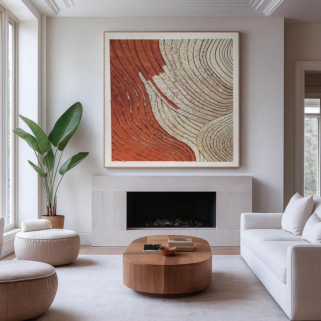 The image is a modern abstract artwork featuring a combination of red and white lines and shapes, creating a dynamic and visually striking composition.