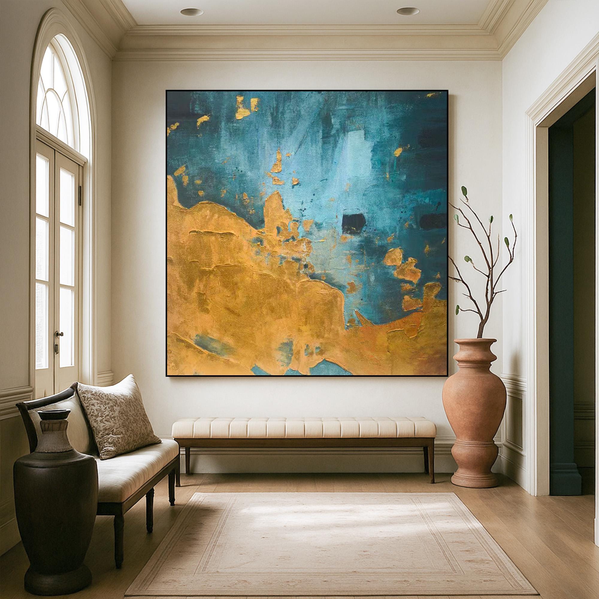 Original Abstract Blue Gold Wall Art | Textured Canvas Painting with Rich Metallic Layers | Modern Handmade Art for Luxury Home Decor Accent