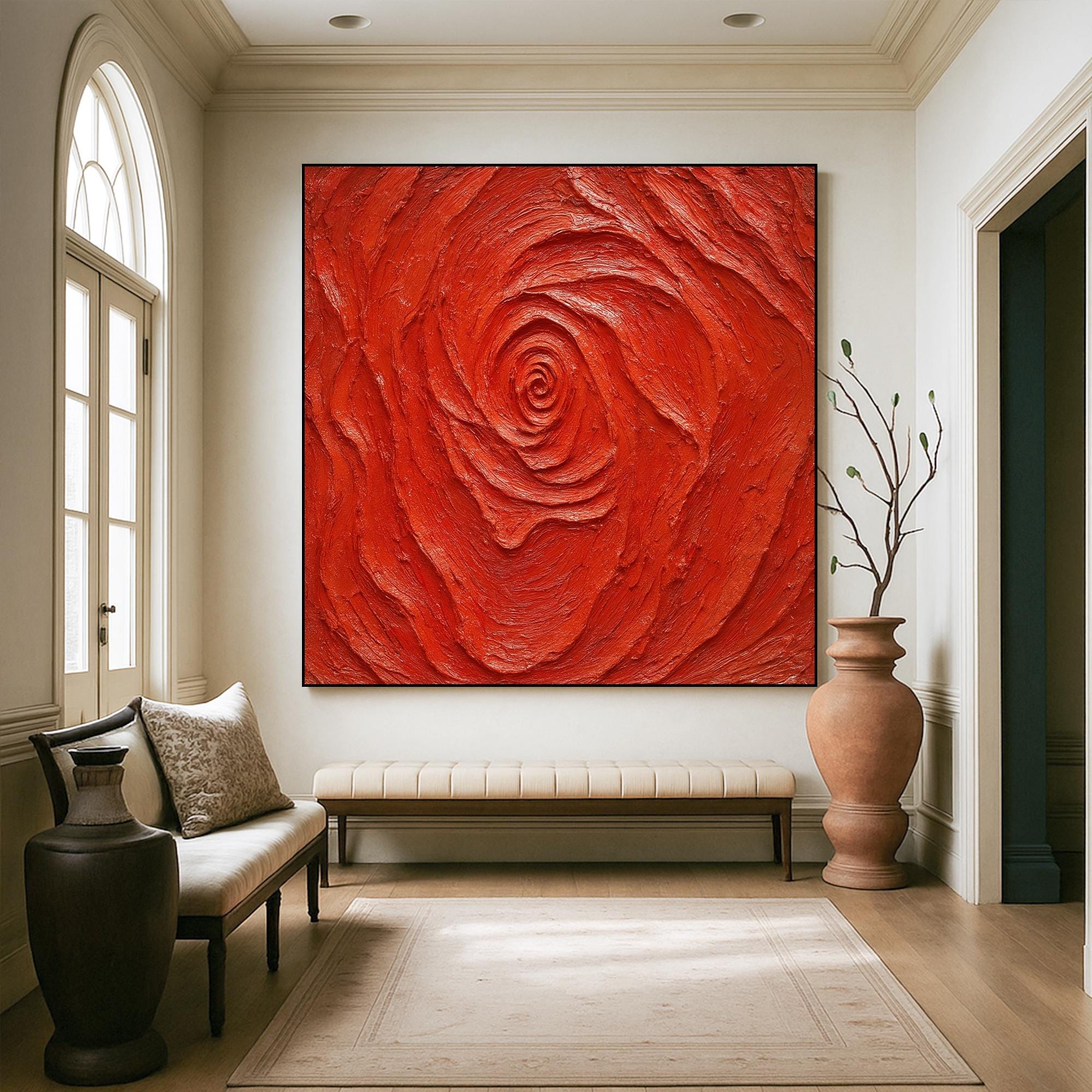 Red Textured Abstract Oil Painting on Canvas, Bold Handcrafted Spiral Wall Art, Modern 3D Expressionist Artwork for Emotional Home Decor